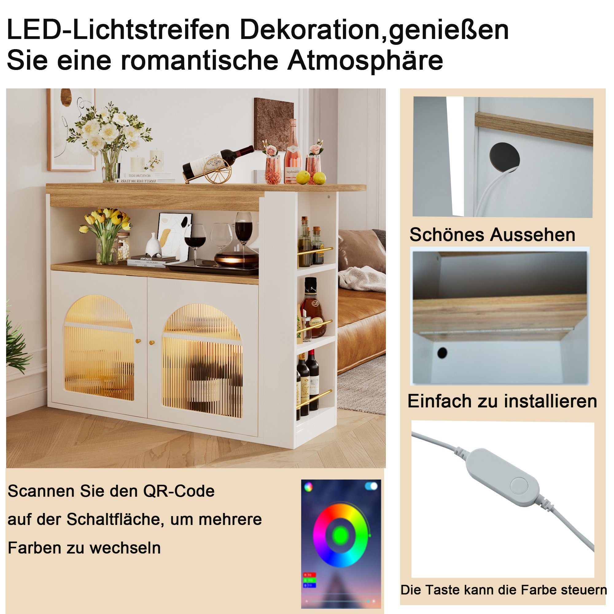 Wohnzimmer REDOM Esstisch (Bunte Freie Bartisch Stehtisch mit 1-St), Weiß und für 360-Grad-Drehung, LED-Lichtleisten Esszimmer Stauraum, Ausziehbarer