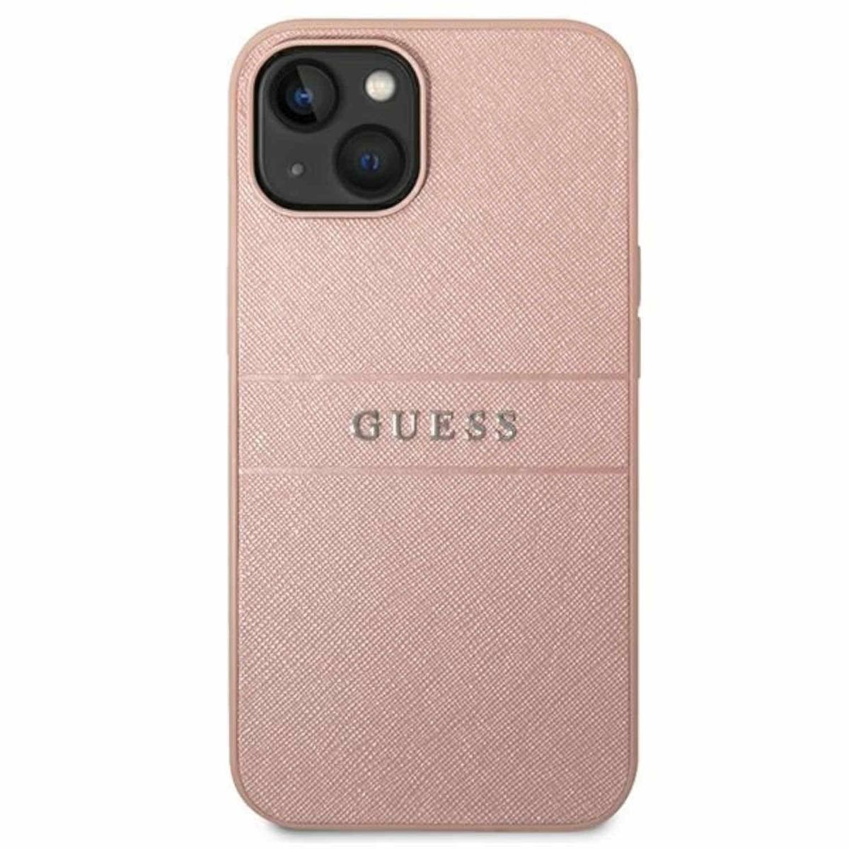 Guess Handyhülle Guess Saffiano Strap Collection Apple iPhone 14 Plus Hard Case Cover Schutzhülle Pink