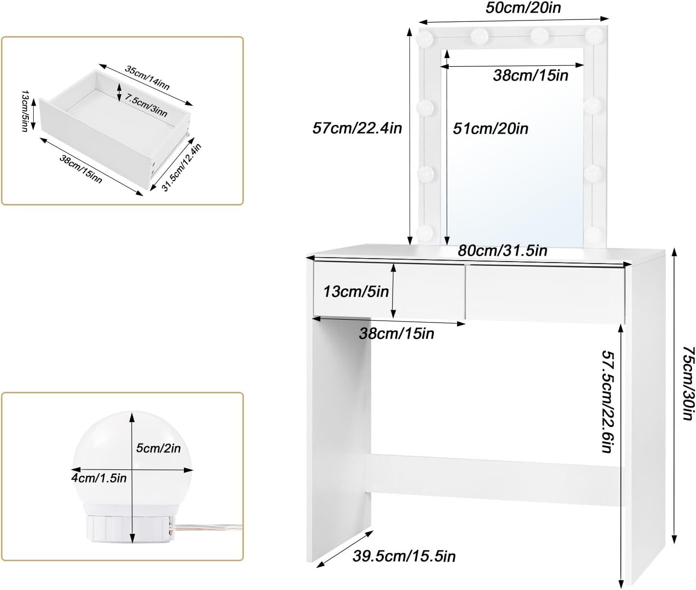 Woltu Schminktisch (1-St), mit Beleuchtung, 3 einstellbare Helligkeiten