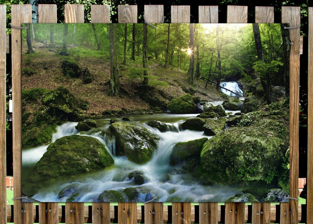 Thumbnail - Wallario Sichtschutzzaunmatten Fließender Bach im Wald bei Sonnenuntergang