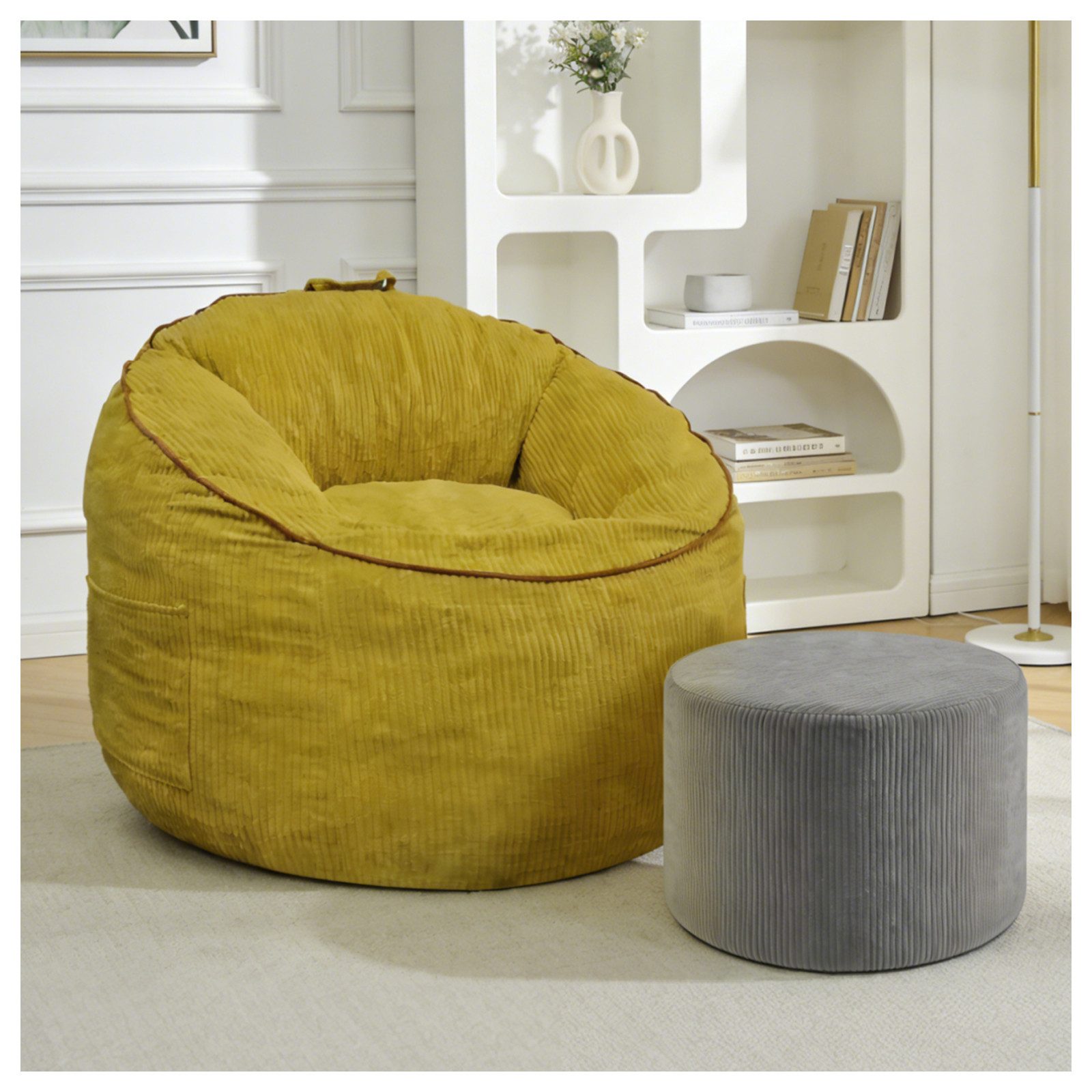 HAUSS SPOLE Loungesessel 1 Sitzer Rundsessel mit Seitentasche und Fußhocker für Wohnzimmer,Gelb (Relaxsessel mit separatem Hocker in runder Formgebung für flexible Wohnbereiche), Seitliche Aufbewahrungstasche