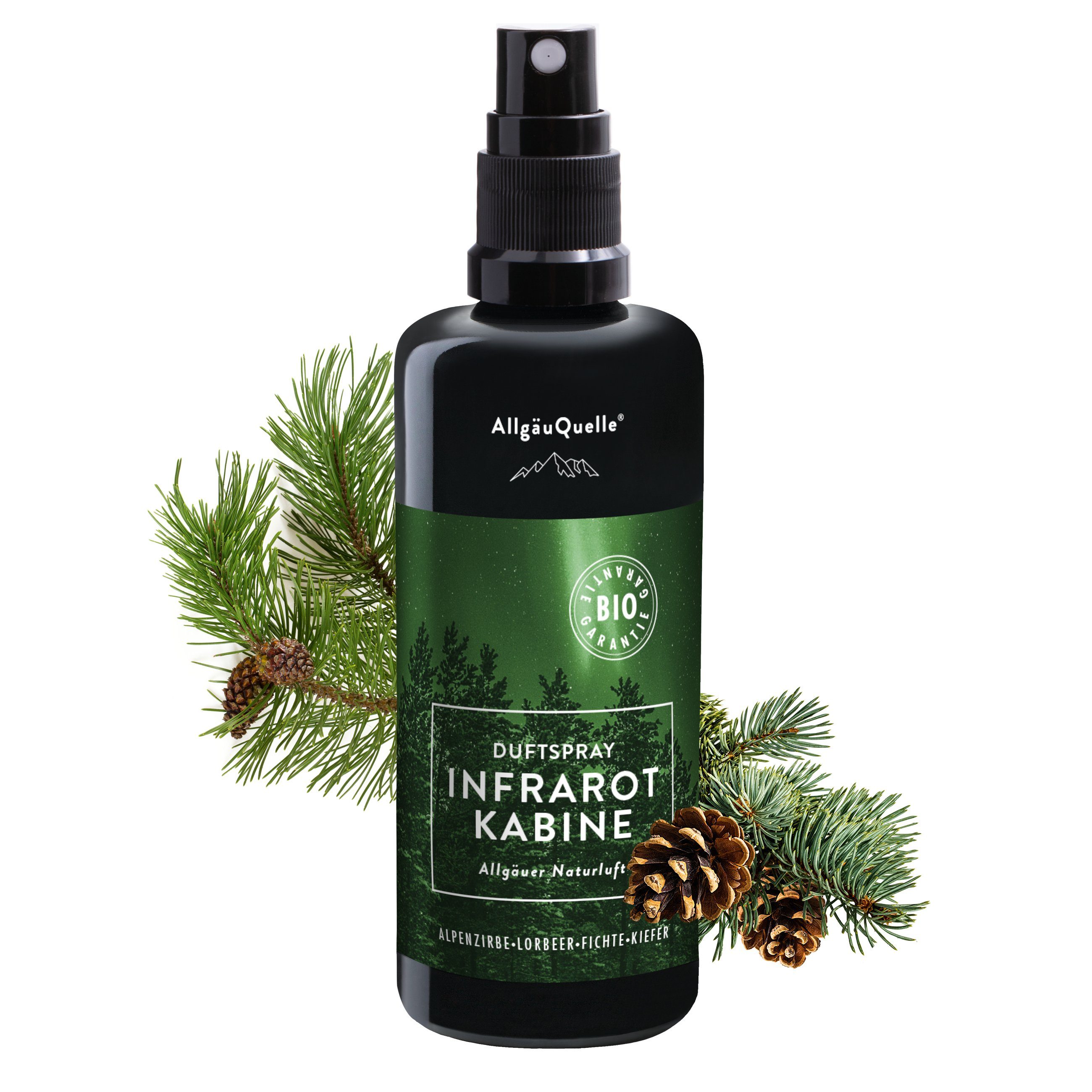Allgäuquelle Raumduft Bio Infrarotkabinen-Spray Allgäuer Naturluft Raumduft (1 x 100ml), mit Alpenzirbe, Lorbeer, Fichte und Kiefer