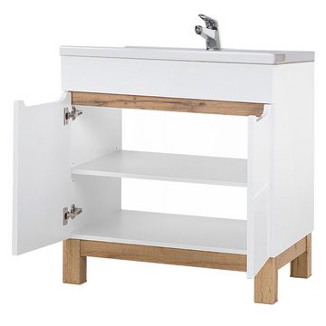 Lomadox Waschbeckenschrank SOLNA-56 Waschtischunterschrank 80 cm Hochglanz weiß mit Wotaneiche 80x85x46cm