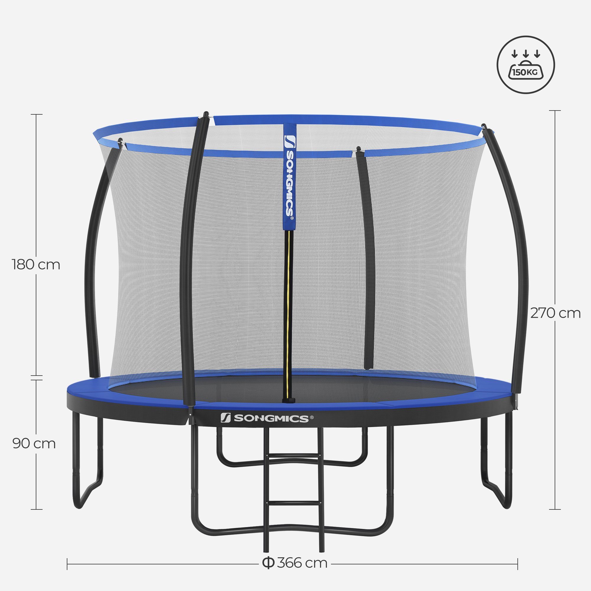 SONGMICS Gartentrampolin Ø 244/305/366/427 cm, Ø 366 cm, bis zu 80-150 kg belastbar, Trampolin mit Leiter und Sicherheitsnetz