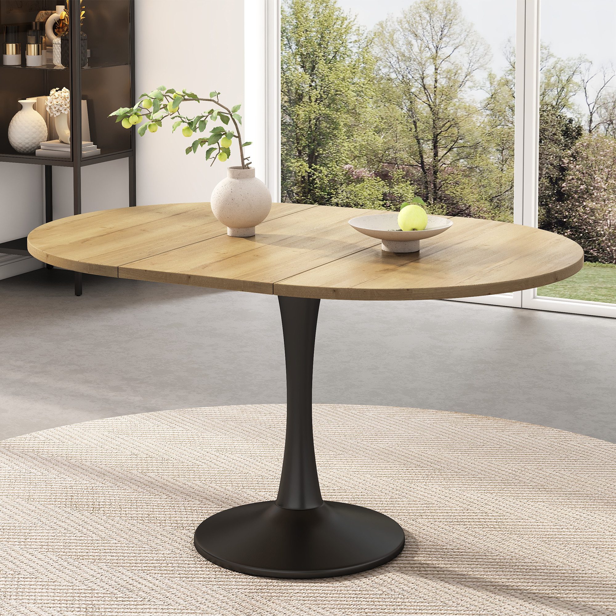 Flieks Esstisch ausziehbarer Küchentisch rund/oval, Eisengestell (verstellbare Länge 100-140x100x75 cm, Höhe Tischplatte 1,8 cm, 1-St., 1 Tisch, für 4-6 Personen), erweiterbarer Schreibtisch Bürotisch aus MDF Natur&Schwarz