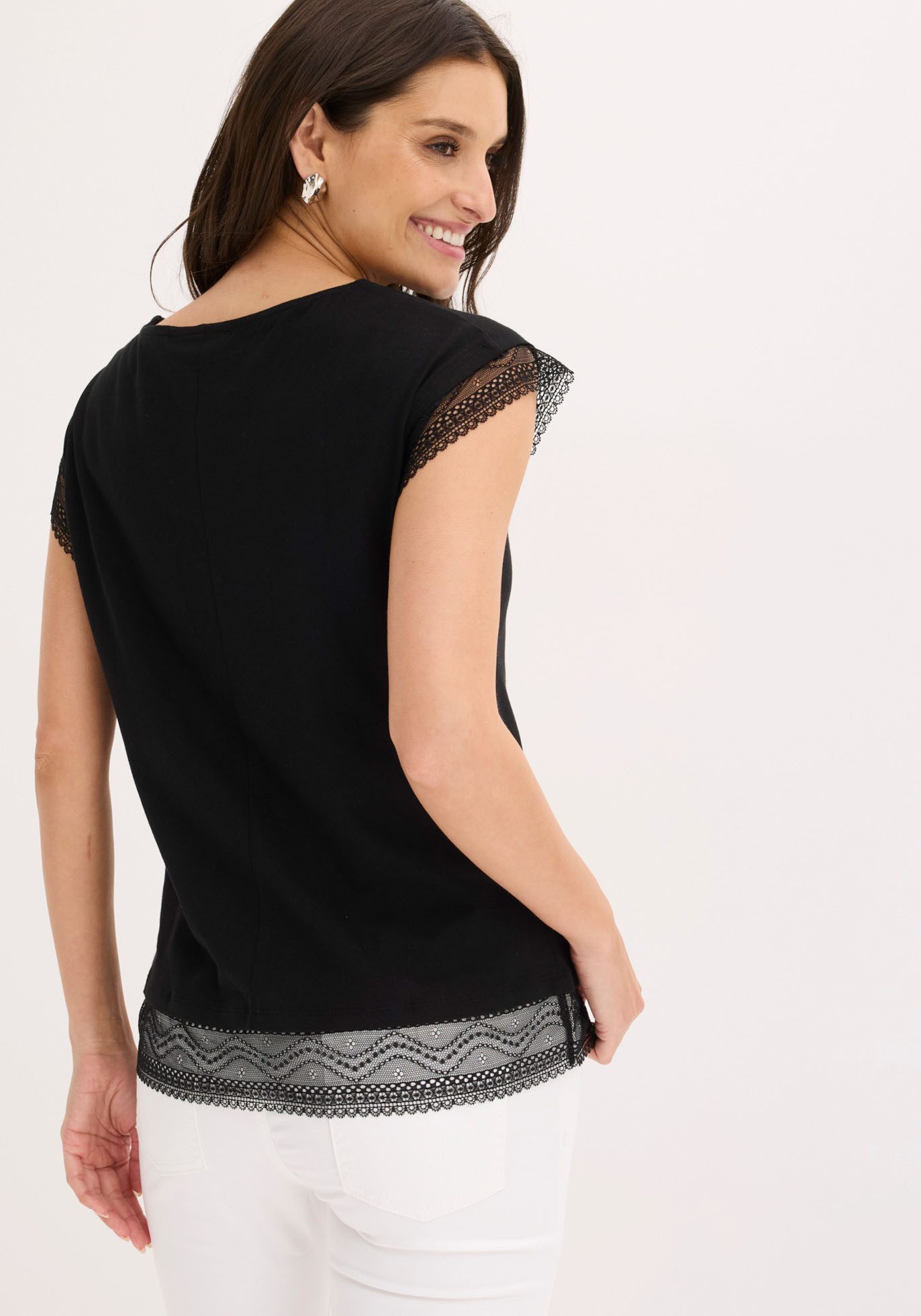 bonprix T-Shirt bequeme Passform, überschnittene Schultern, mit Spitzendetails