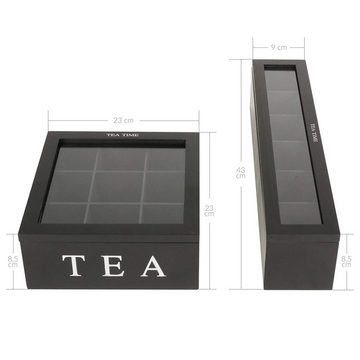 Oramics Teebox Teekiste mit 6 Fächern im edlen schwarzen Holzdesign Teebeutelbox, Holz, (Die Box eignet sich perfekt zum Aufbewahren und Sortieren, 1-tlg., Teekasten aus robustem, lackiertem Holz mit silberner Aufschrift), Die Tee Aufbewahrungsbox ist ein Muss für jeden Teekenner