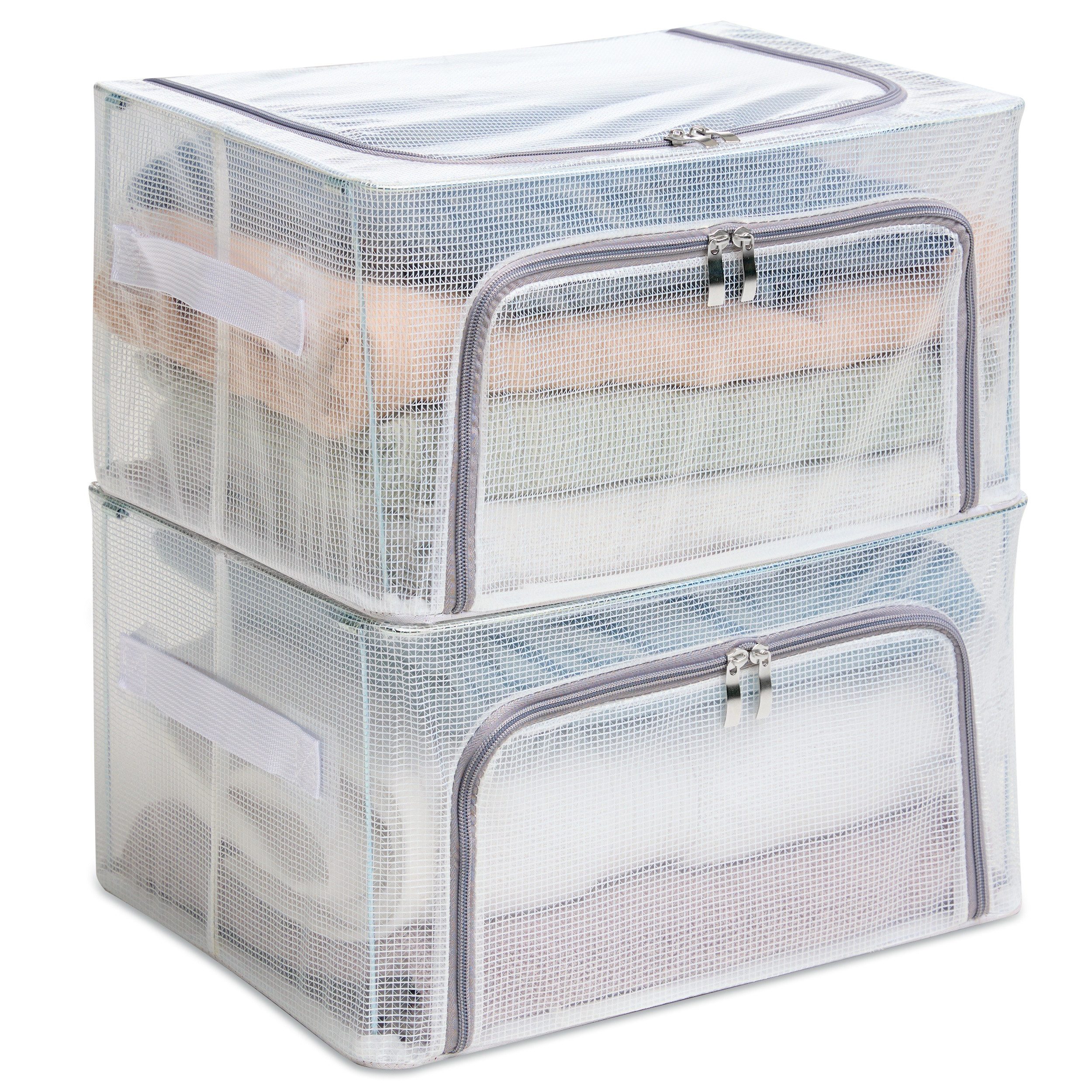 FALINGO Aufbewahrungsbox Faltboxen Aufbewahrungstaschen Metallrahmen 2 St 3 Größen transparent (2 St), Stabil und Faltbar, Schneller Zugriff, Inhalt einsehbar