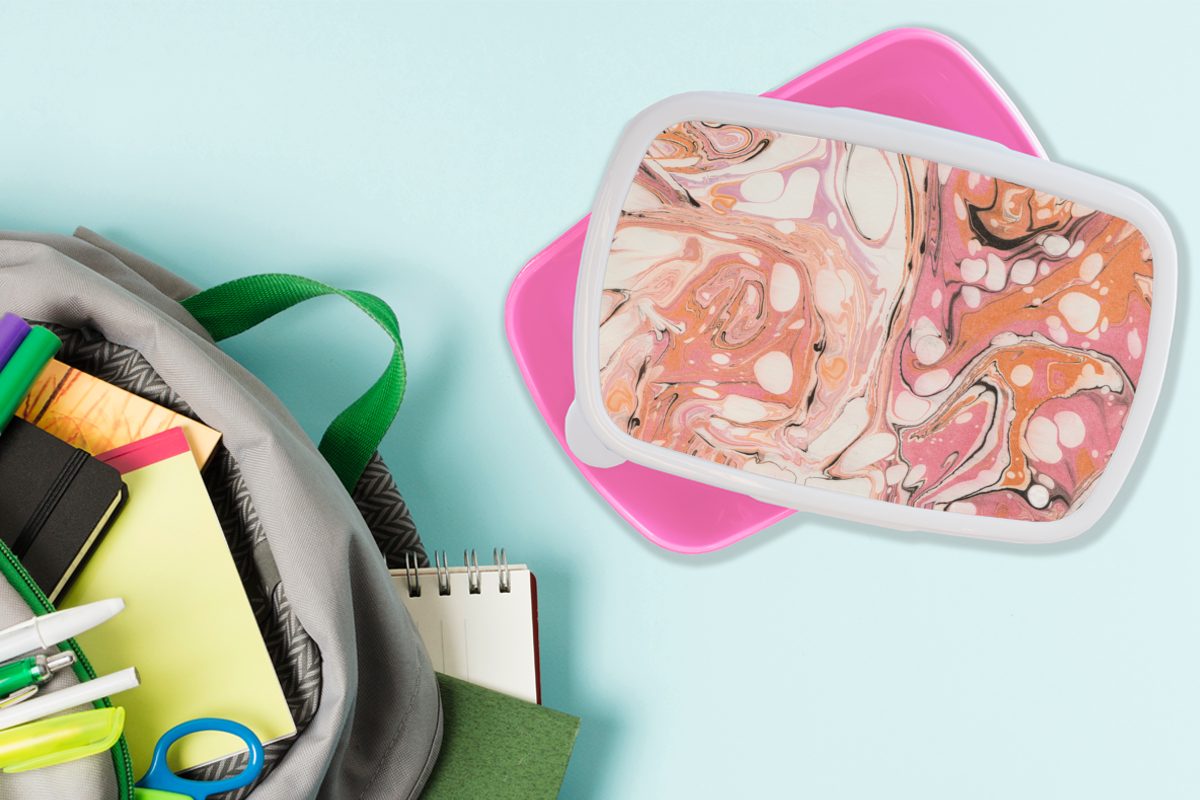 MuchoWow Lunchbox Marmor - Rosa - Kunststoff (2-tlg), Erwachsene, Brotdose Kunststoff, für Brotbox Lila, Snackbox, Kinder, Mädchen