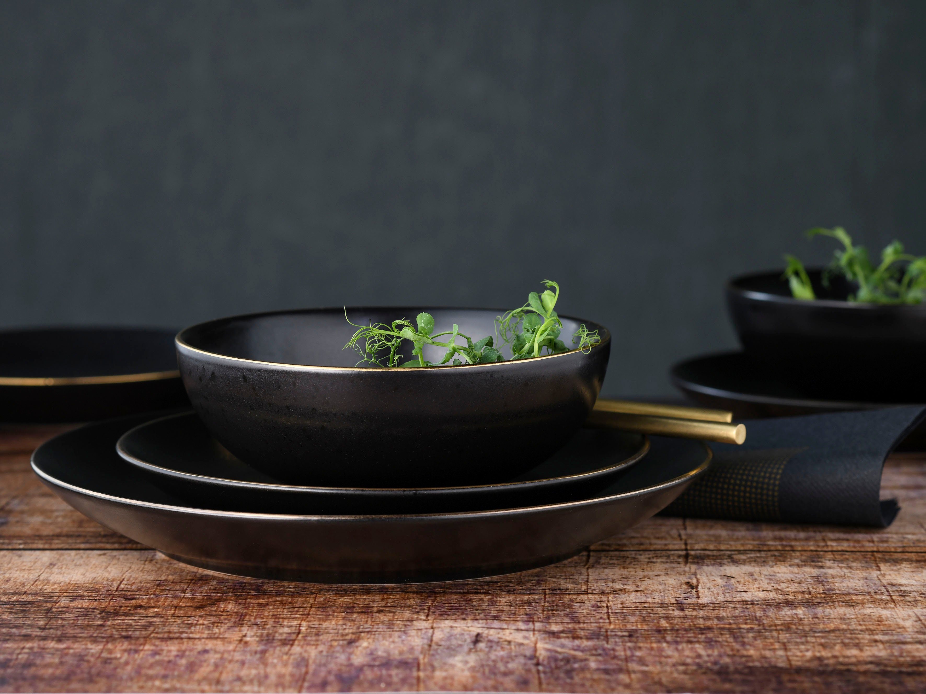 CreaTable Teller-Set Geschirr-Set Industrial (12-tlg), 4 Personen, Steinzeug, Teller Set, Service, schwarz, Goldrand, 12 Teile, für 4 Personen