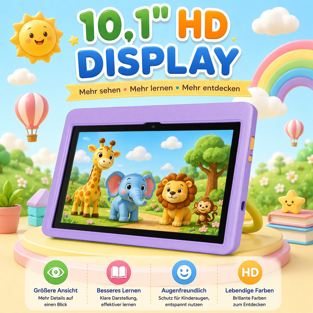 Happybe 10 Zoll 64GB/128GB Android 16 mit Hülle Kindersicherung WLAN Kinder Tablet (10.1", 128 GB, Android, 24(3+21)GB RAM, 6000 mAh)
