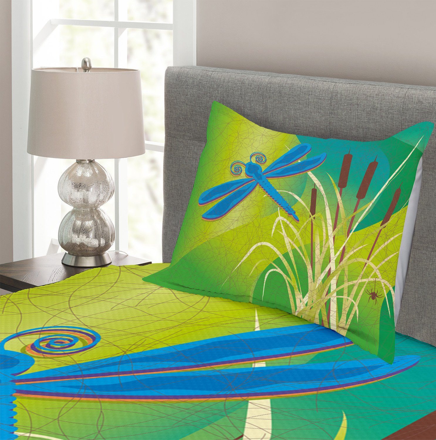 Set Abakuhaus, Tagesdecke Libelle Waschbar, mit Jahrgang Kissenbezügen Blaue auf Grün