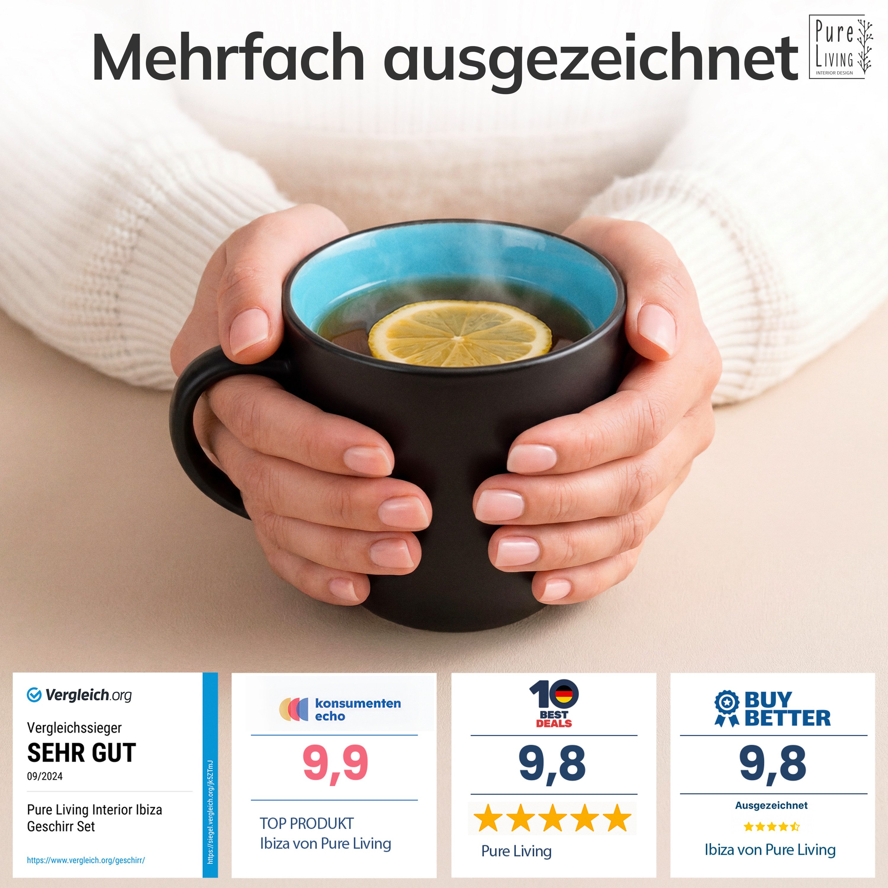 PURE LIVING INTERIOR DESIGN Geschirr-Set Ibiza Becher, 6er-Set, 435 ml, Aquamarin, Steingut (6-tlg), 6 Personen, Steingut – Bild 3 von 5