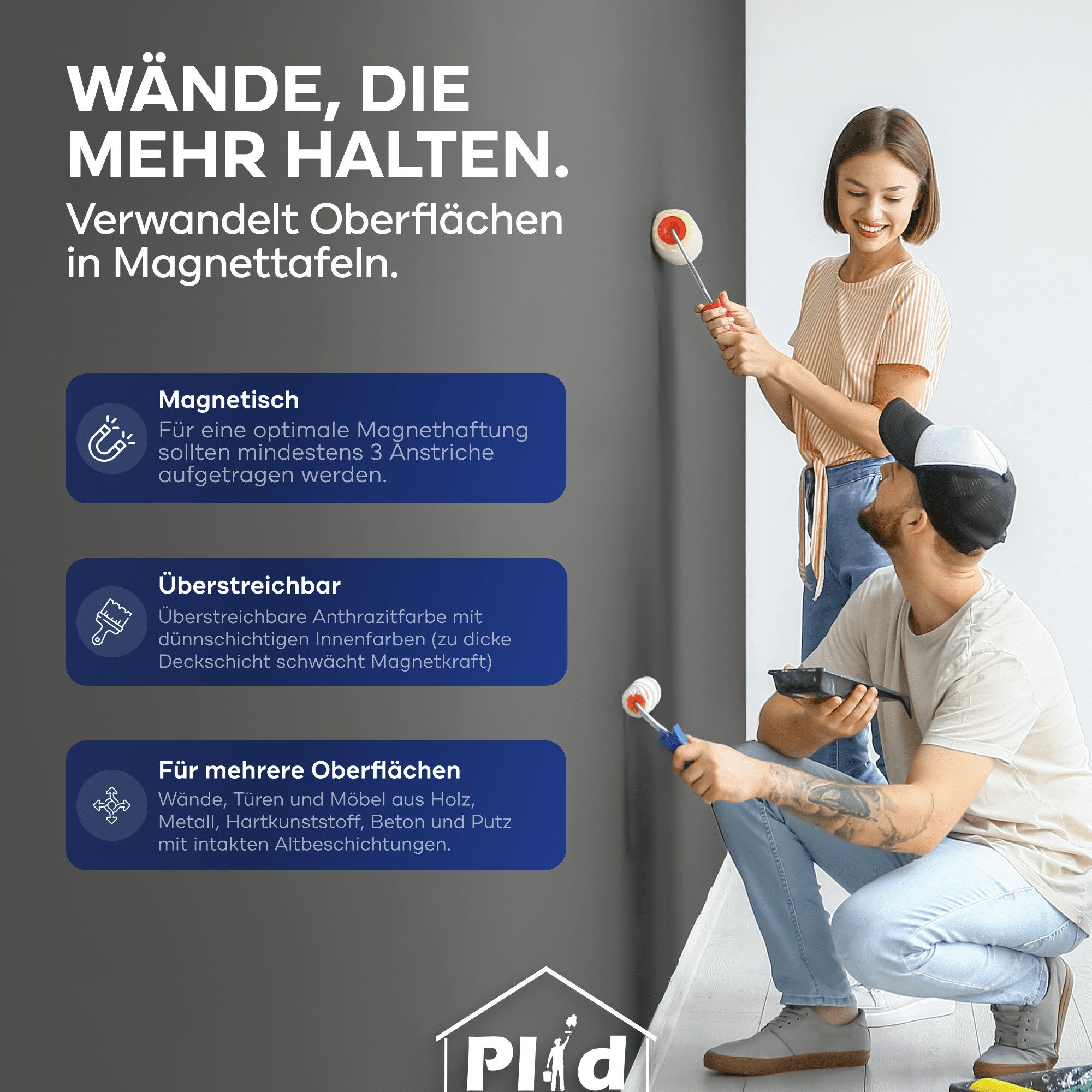 plid Magnetfarbe Premium Magnetfarbe Magnet Magnetlack Magnetwand, Schnelltrocknend, Magnetisch