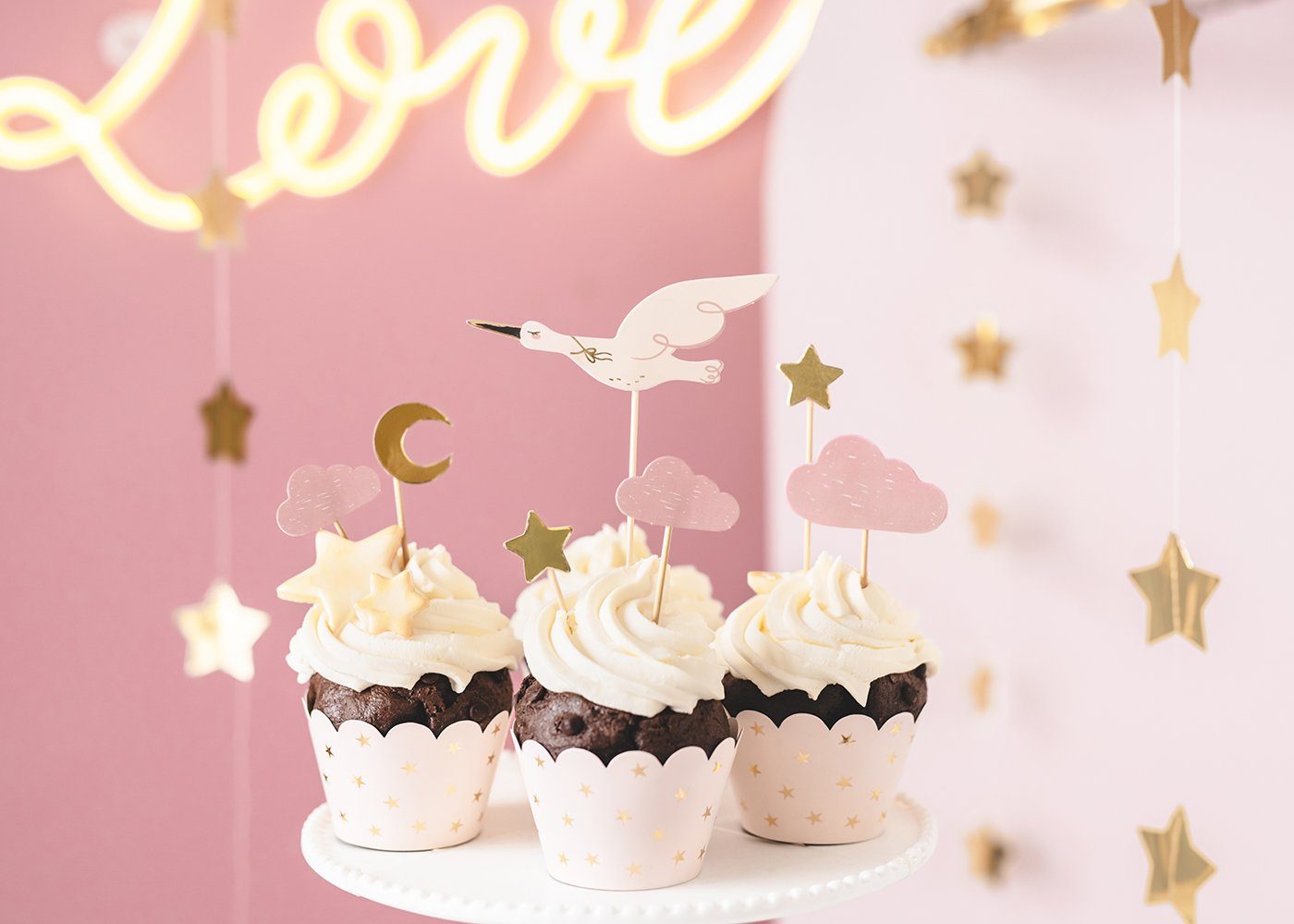 partydeco Tortenstecker, Cake Topper Storch 13,5cm rosa gold 7er Set
