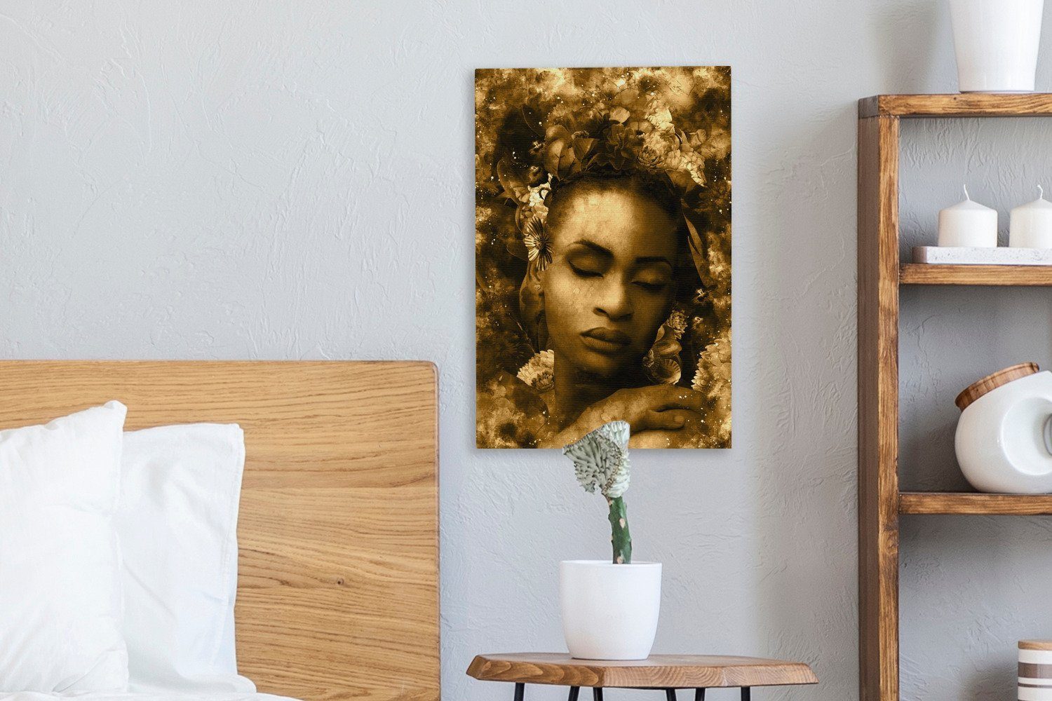 bespannt Gemälde, Frau St), fertig Leinwandbild - cm Leinwandbild Blumen - Sepia, (1 Zackenaufhänger, OneMillionCanvasses® inkl. 20x30