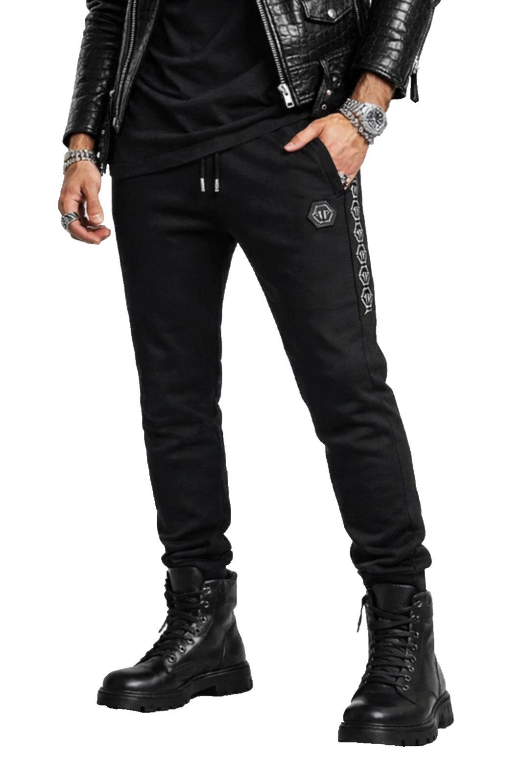 PHILIPP PLEIN Jogginghose Herren Sweatpants Hose Tape Stripe Leder Patch Siim Fit PP-Branding entlang beider Beine