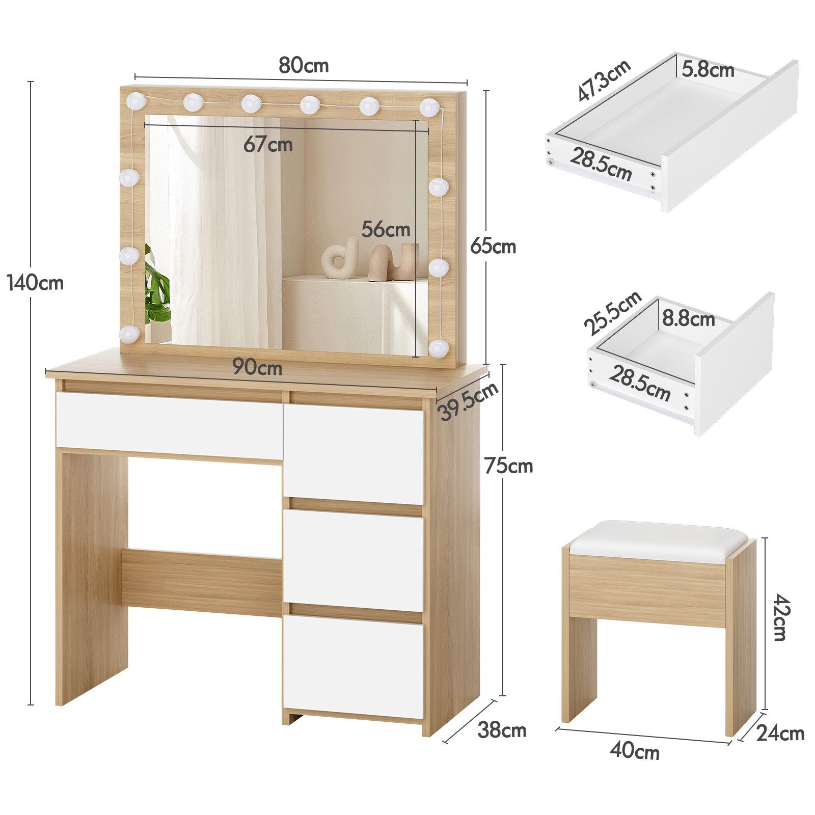 ALFORDSON Schminktisch mit Spiegel, 4 Schubladen & Aufbewahrungshocker, LED-Beleuchtung (Schminktisch-Set für Damen- und Mädchenschlafzimmer, 1-St), 90 cm lange Schreibtischplatte