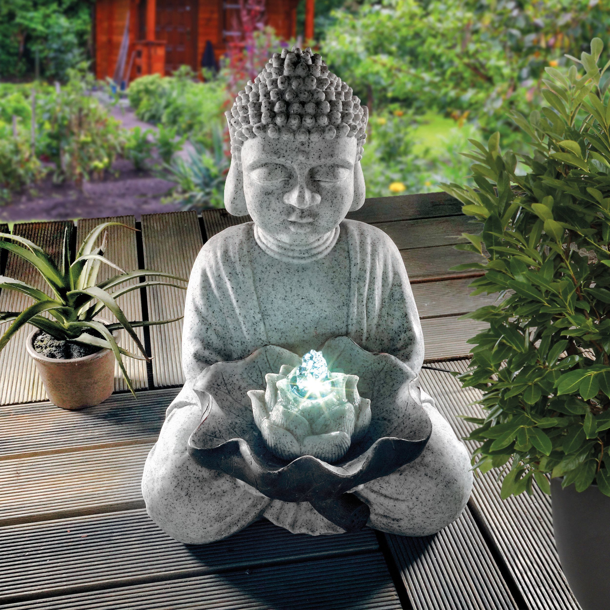 esotec Gartenbrunnen Solarbrunnen Buddha mit 2-farbiger LED-Beleuchtung + Akku H43cm 101327, (Komplettset)