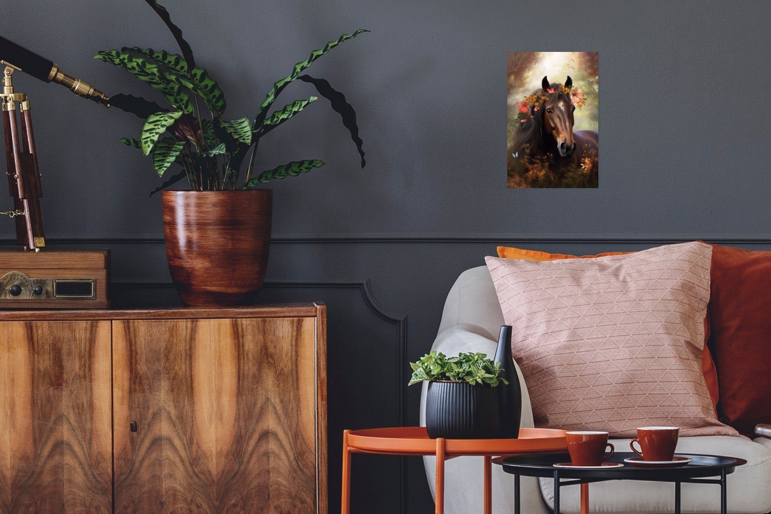 MuchoWow Poster Pferd - Tiere - Blumen - Wald - Schmetterling, (1 St), Poster, Wandbild, Wandposter für Wohnzimmer, Ohne Rahmen