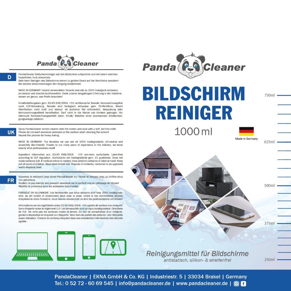 PandaCleaner Display Bildschirmreiniger, 1 x [2-St. Sprühkopf Glasreiniger 1l) (Set, - & Pflege Schutz + Reiniger Reiniger