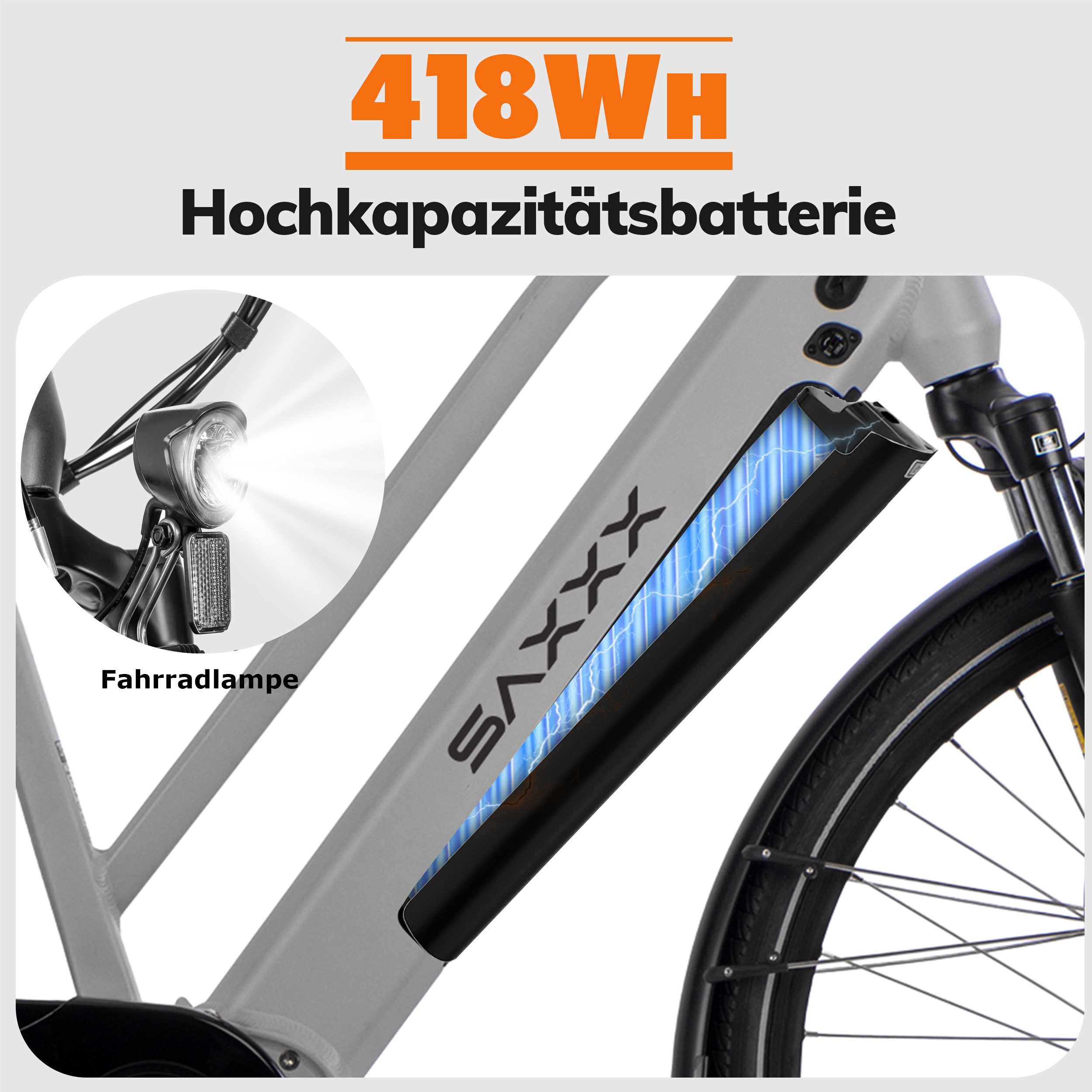 SAXXX E-Bike Cityrad 28 Zoll, 70 Nm Mittelmotor, DST, max. 100km, 95 % vormontiert, 9 Gang SHIMANO Alivio Schaltwerk, Kettenschaltung, Mittelmotor, 418 Wh, (Pedelec mit Tiefeinsteiger, bis zu 130kg, Trapez-Rahmen), Hydr. Scheibenbremse, RH: 45/50cm, Elektrofahrrad für Damen und Herren