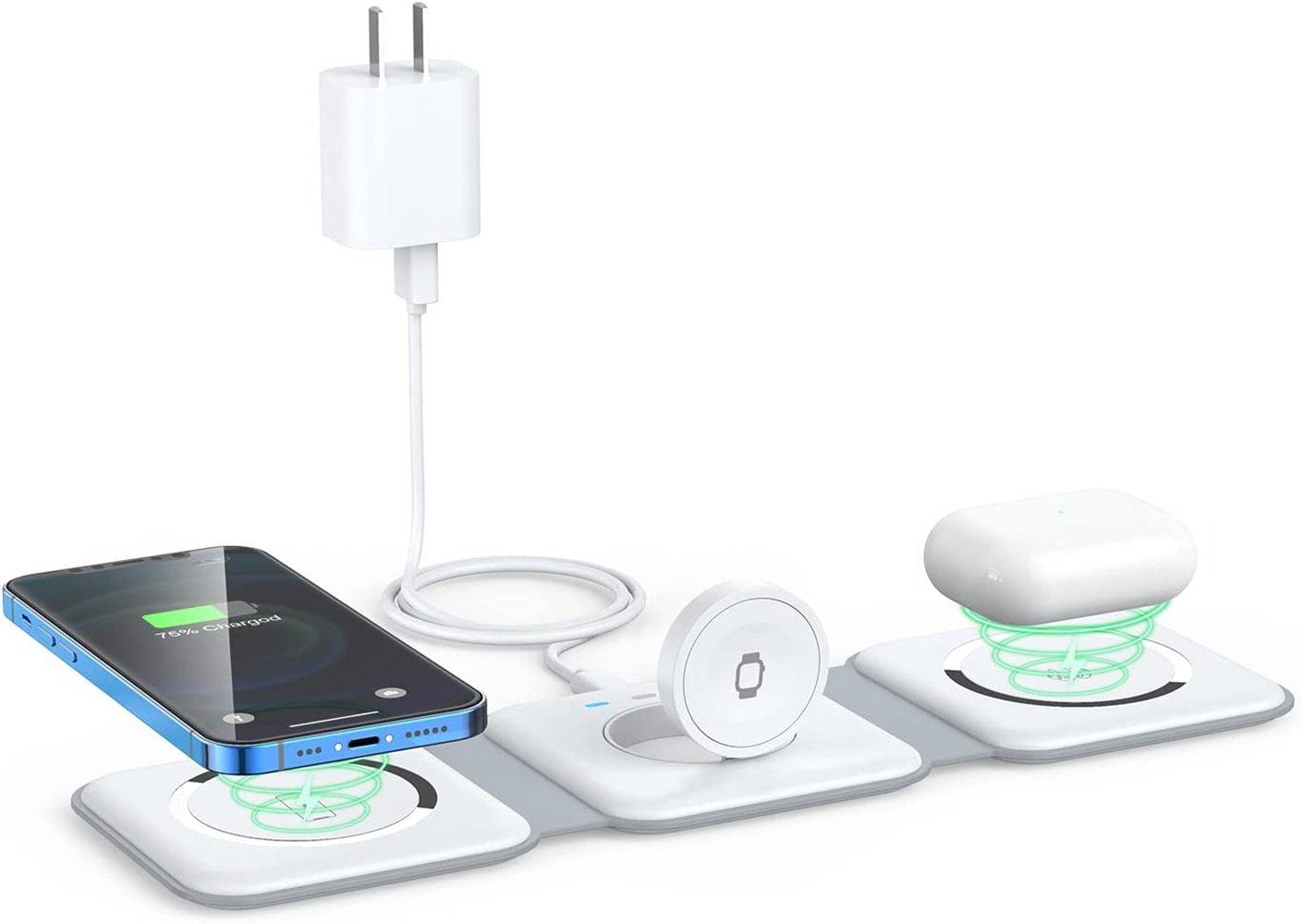 autolock 3in1 Wireless Charger,faltbare Ladestation,kabellos Ladepad Wireless Charger (set, kompatibel mit iPhone,iWatch, AirPods 3/2/Pro und Samsung)