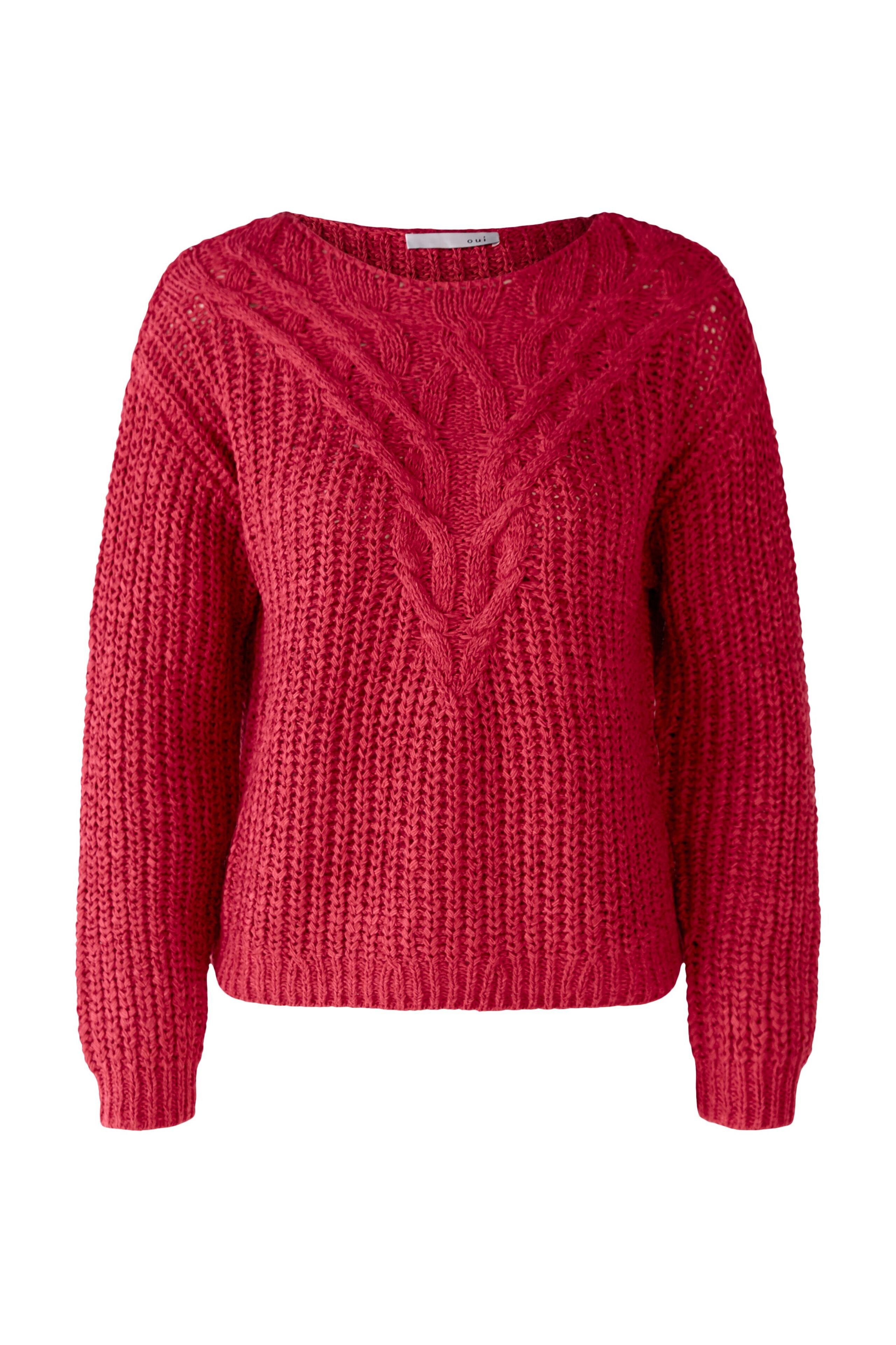 Oui Strickpullover Pullover mit Zopfmuster red