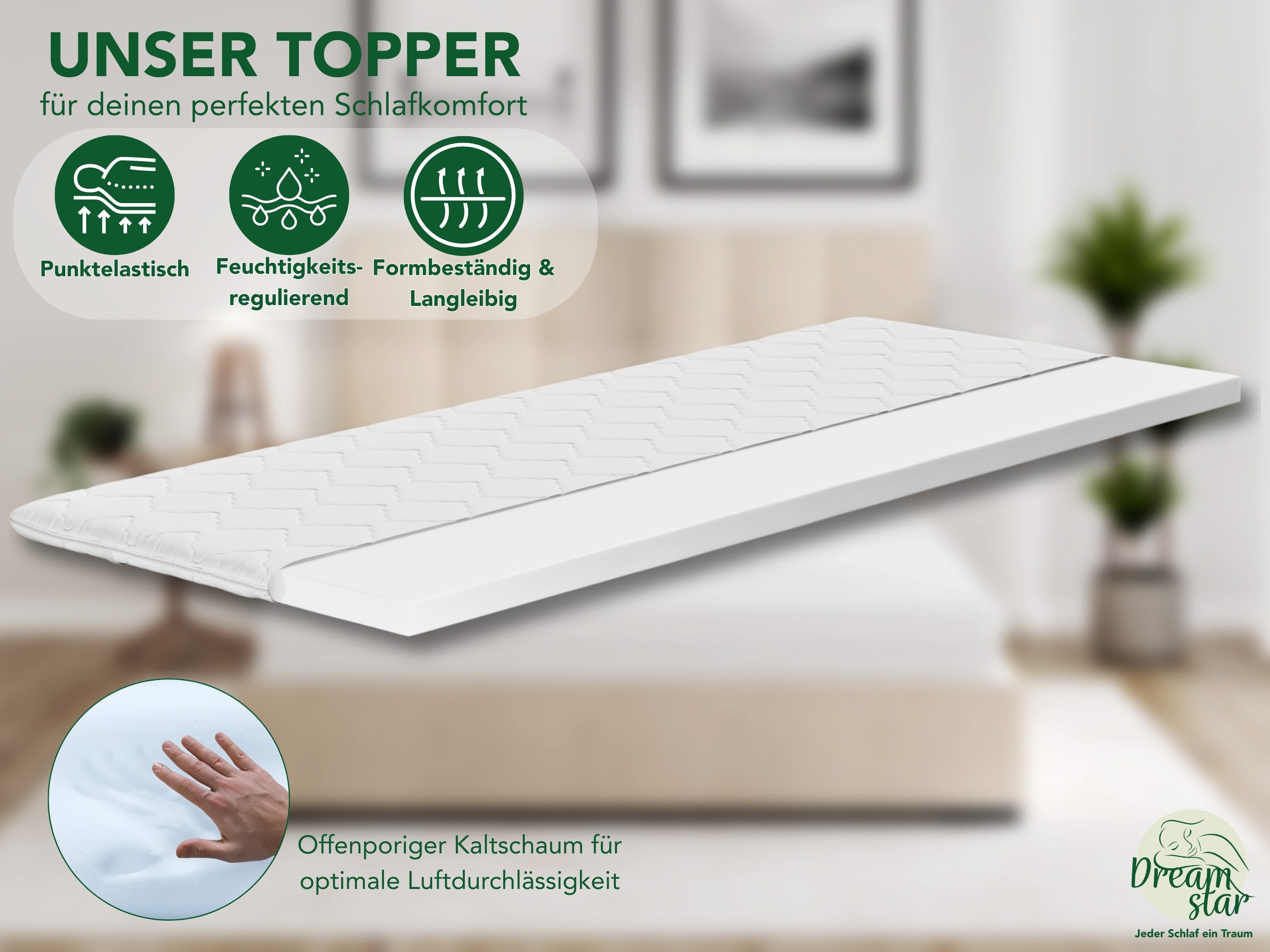 Dreamstar, Topper ergonomischer Matratzentopper in 3 Härtegraden - weich, mittel, fest, 6 cm hoch, Kaltschaum, rutschfest, Bezug waschbar - für Matratzen und Boxspringbetten