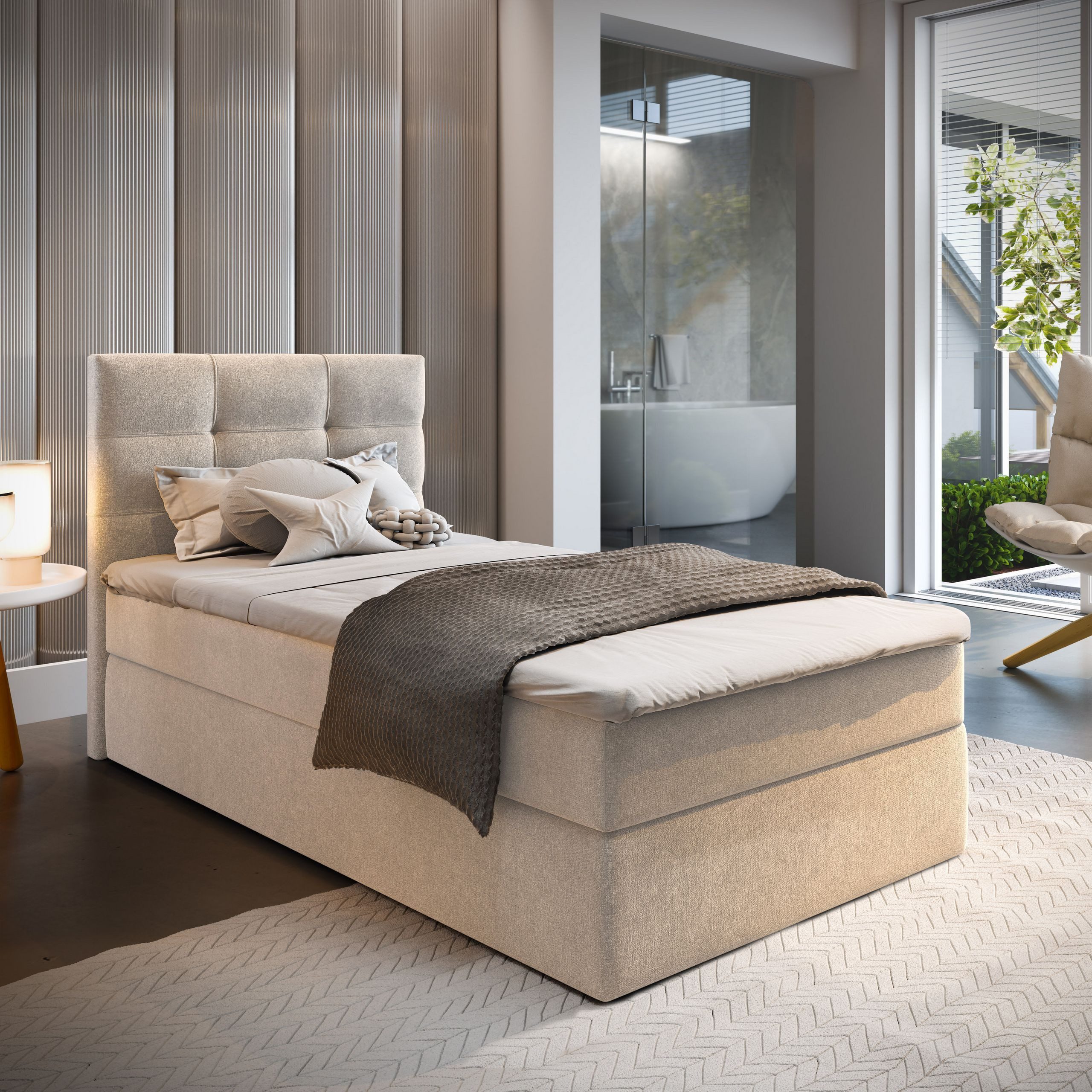 Masseno Boxbett GLOS 100x200 cm mit Bonell Matratze und Topper, Einzelbett, Jugendbett, Polsterbett mit Kopfteil, Boxspringbett