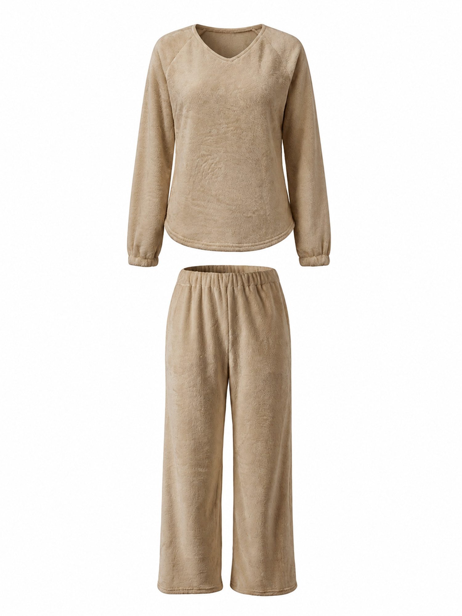 Imily Bela Hausanzug Damen Lounge-Set mit V-Ausschnitt (Set, 2 tlg., V-Ausschnitt Oberteil + Weiter Hose) in Unifarbe – Bild 2 von 5