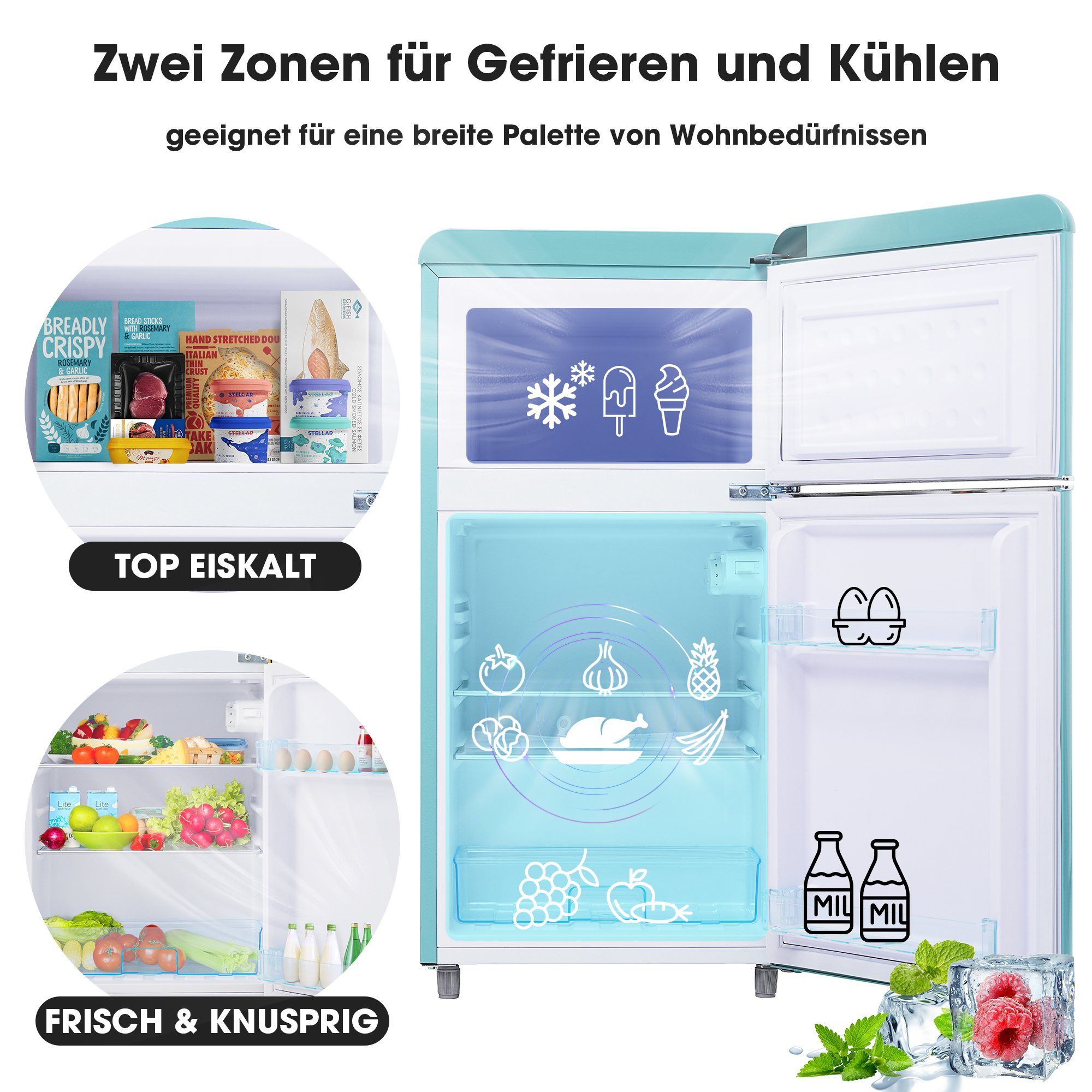 Merax Table Top Kühlschrank Retro Kühl-/Gefrierkombination BCD-100C, 91 cm hoch, 45 cm breit, 72 Liter, Metall Türgriff, verstellebare Ablage und Füße