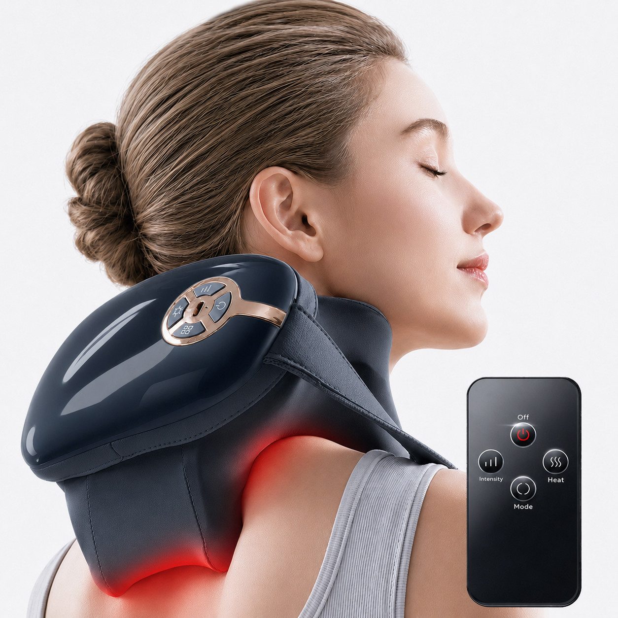 Futicare Nacken-Massagegerät mit Fernbedienung und Wärmefunktion, 6D, 4 Massageköpfe, 4 Modi, 3 Intensitäten, zur Entspannung bei Verspannungen an Nacken, Rücken und Schultern