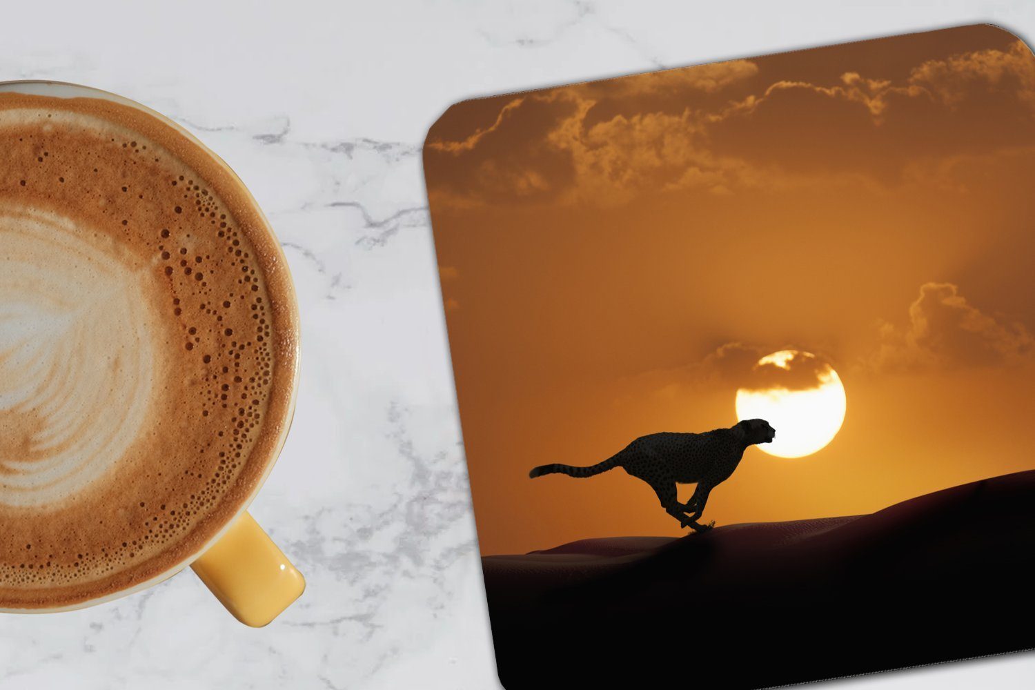 MuchoWow Glasuntersetzer Silhouette eines Geparden Untersetzer, Tasse für Gläser, Zubehör Korkuntersetzer, in Wüste, Tischuntersetzer, Glasuntersetzer, der 6-tlg