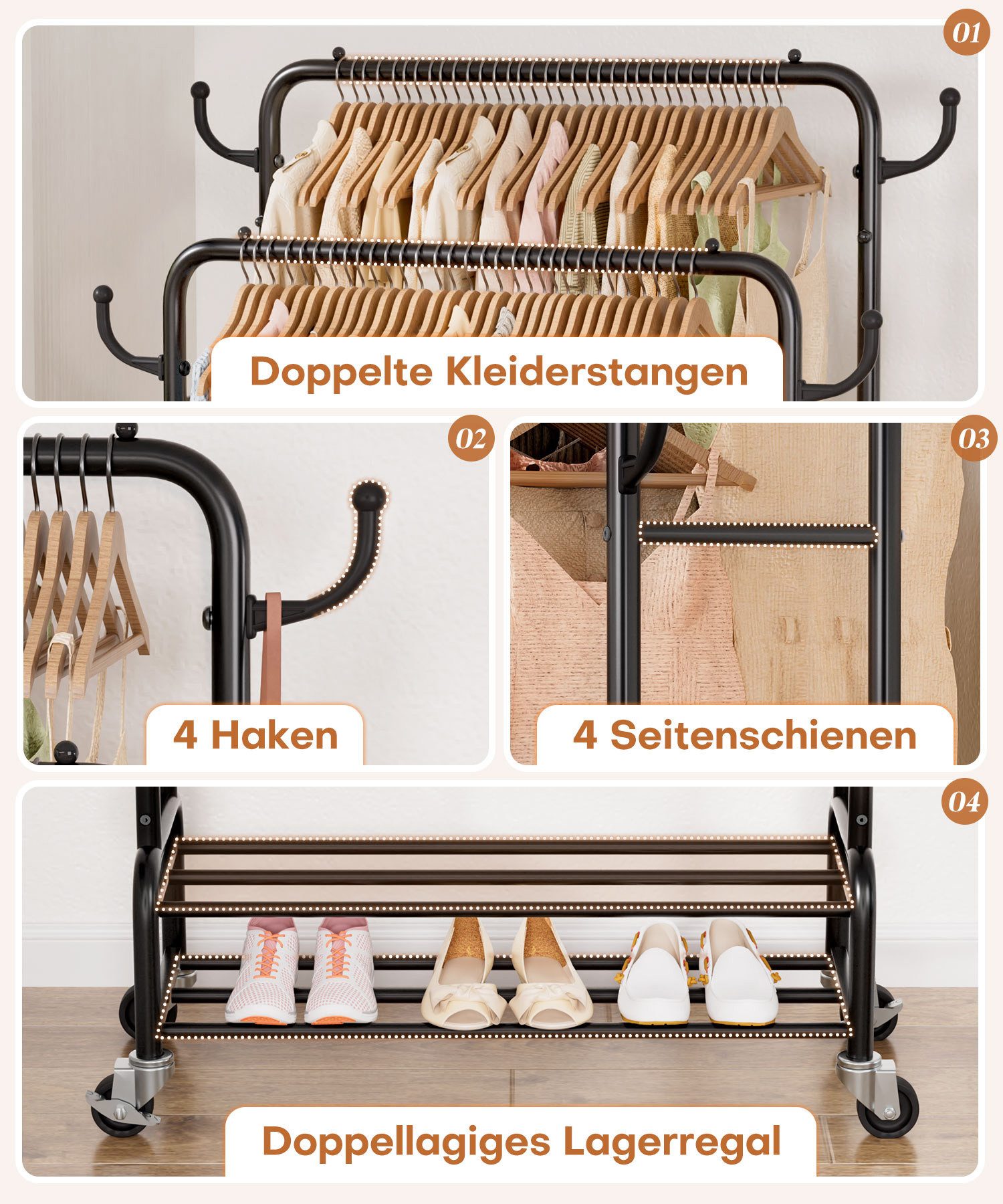 Yorbay Kleiderständer Doppelstange Garderobenständer auf Rollen, mit 2 Ablage, Groß Clothes Rack aus Metall bis 120 kg Belastbar, 90 cm Breit – Bild 4 von 5