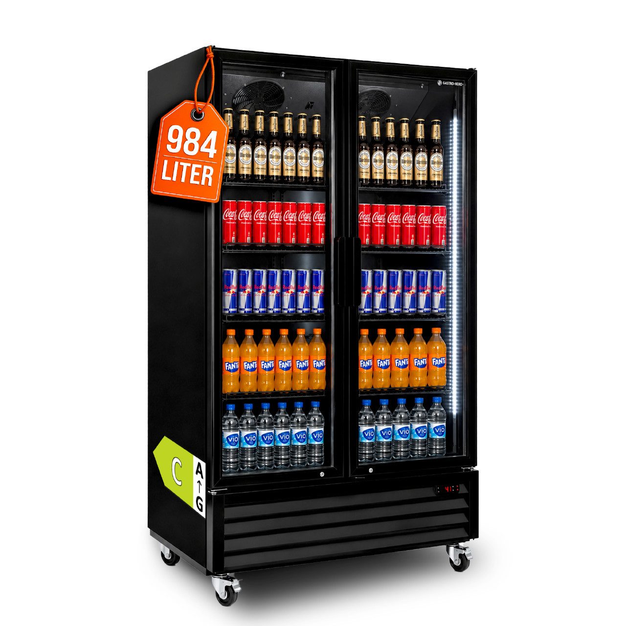 GastroHero Getränkekühlschrank Flaschenkühlschrank 984 Liter Klapptüren LED schwarz Gastro GKSE1000KT, 209.5 cm hoch, 113 cm breit, Digitale Anzeige, 4 Rollen (2 gebremst), 1,23 m² Präsentationsfläche