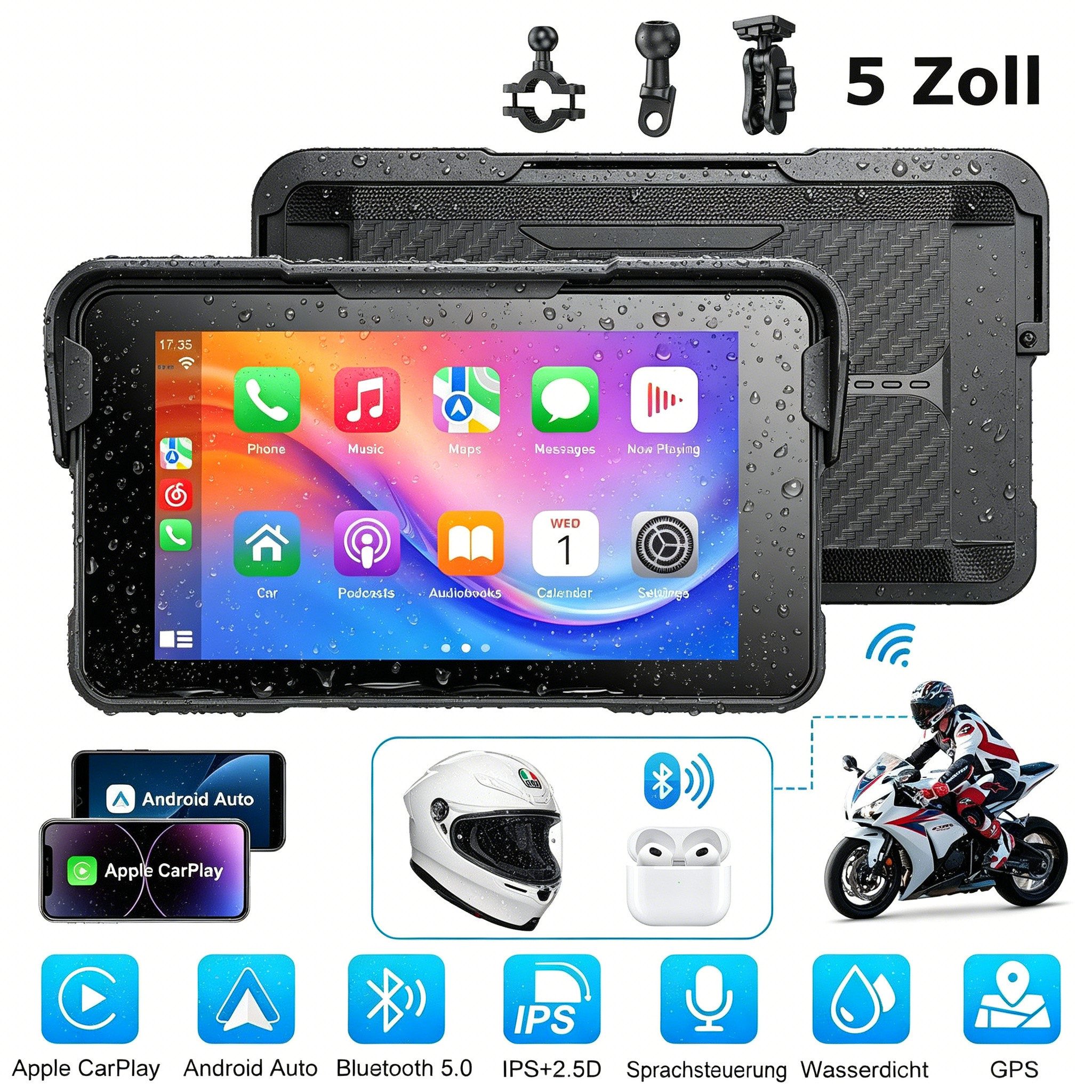 ESSGOO 5 Zoll GPS Navigationsgerät Navi Für Motorrad Carplay Android Auto BT Motorrad-Navigationsgerät (Bluetooth)