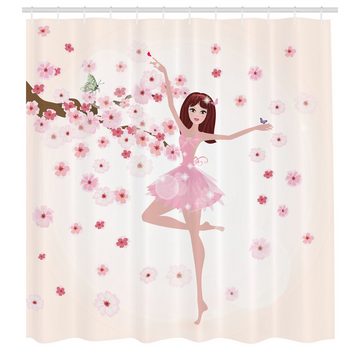 Abakuhaus Duschvorhang Moderner Digitaldruck mit 12 Haken auf Stoff Wasser Resistent Breite 175 cm, Höhe 180 cm, Ballett Ballerina-Mädchen Sakura Baum