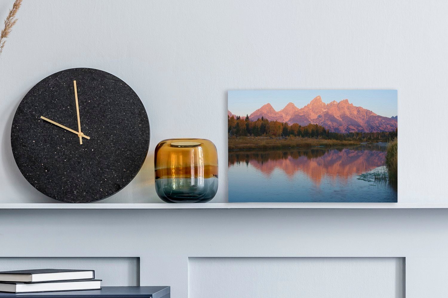 Wandbild in OneMillionCanvasses® Leinwandbild einem, Wanddeko, (1 Aufhängefertig, Teton spiegeln sich St), Die Leinwandbilder, 30x20 cm der Berge farbenfrohen Mountains