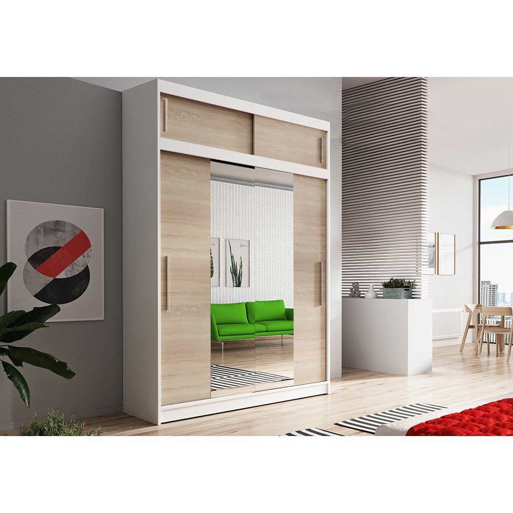 Polini Home Oberschrank einfache Breite Befestigung Comfort (weiß-eiche) Weiß-Eiche in Prime 150cm Weiß-Eiche Schwebetürenschrank | aufsatz Schrankaufsatz