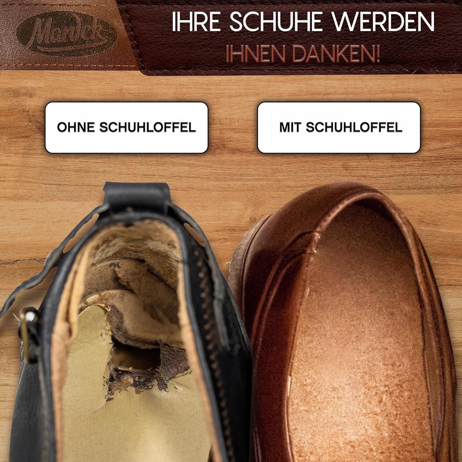 COFI 1453 Schuhlöffel [2er Pack] Schuhlöffel Set Metall Schuhanzieher kurz & lang Ledergriff (2-tlg) – Bild 5 von 5