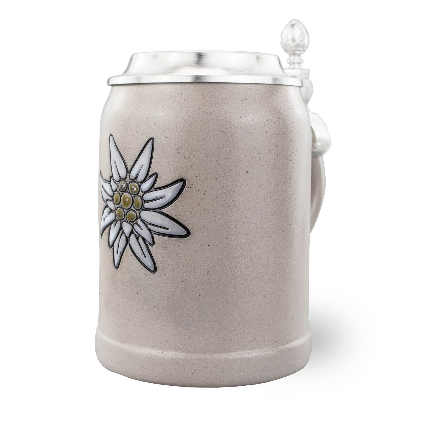 Bavariashop Bierkrug PREMIUM Bierkrug "Edelweiß" • Steinkrug mit Zinndeckel • 0,5 Liter, Steinzeug