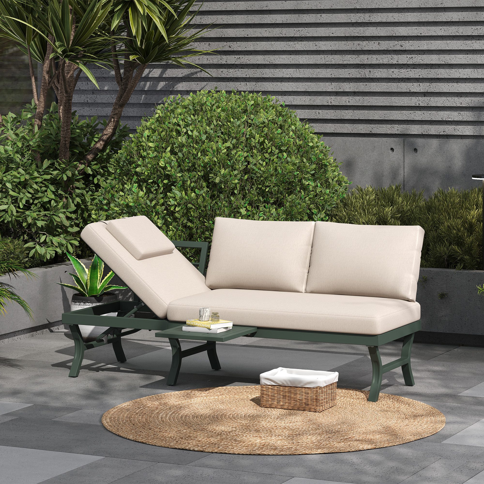HAUSS SPOLE Gartensofa mit Liegefunktion,Outdoorsofa Gartenmöbel mit Kopfstütze&Tisch,Grün, Gartenbank mit verstellbarer Neigungsfunktion (5-stufig, bis 55), 3-Sitzer-Sofa mit verzinktes Stahlrohr mit eine Tabelle