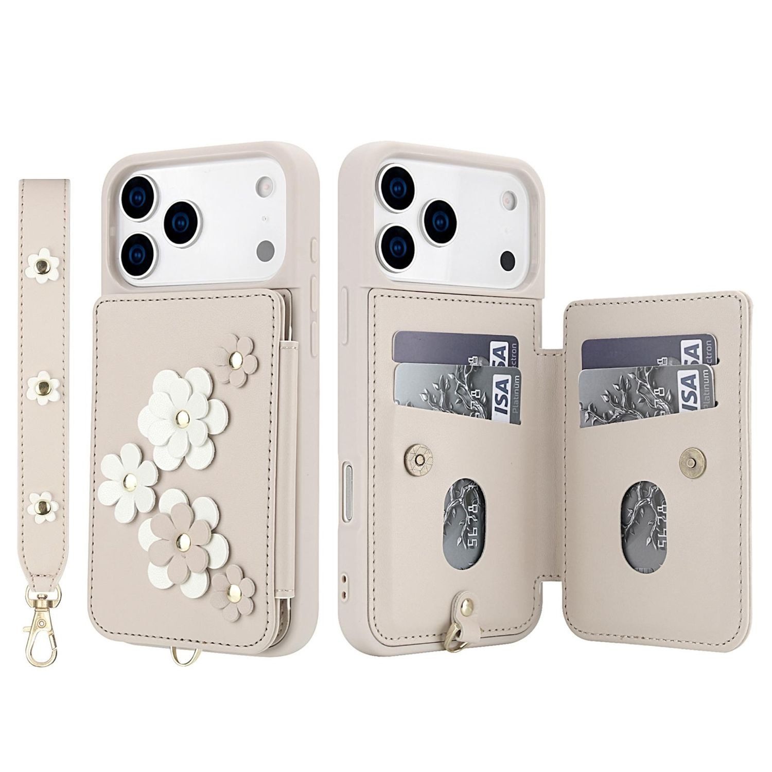 Wigento Handyhülle Für Apple iPhone 17 Pro Max Crossbody Kunstleder Blumen Hülle Weiß, Mit Kartenfächern, Gurt, Kickstand-Funktion
