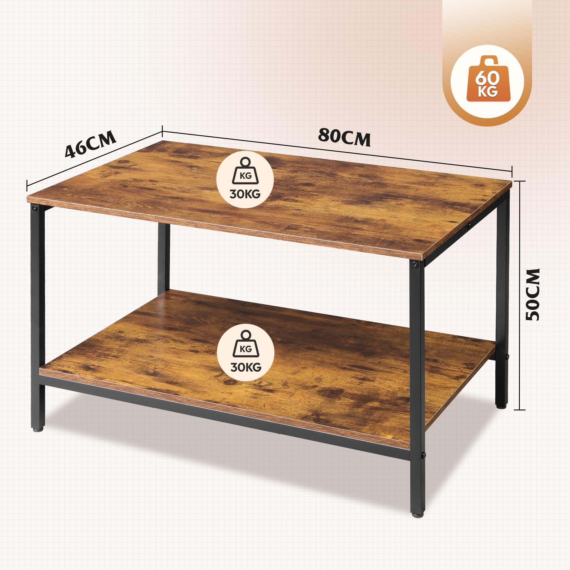 WLIVE Couchtisch Kleiner Wohnzimmertisch im Vintage-Industrial Design, (80 cm Sofatisch im Vintage Industrie Design mit Metallgestell, 80 × 46 × 50 cm, 1 Tisch), 2 Ablagen, Metallgestell, verstellbare Füße, 60 kg Tragkraft