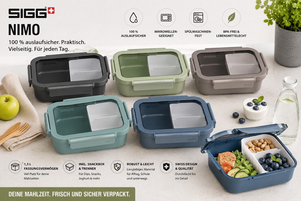 Sigg Lunchbox NIMO Lunchbox 1,3 Liter, verschiedene Farben wählbar, (BPA-freie Brotdose aus hochwertigem Polypropylen – lebensmittelecht), Inklusive auslaufsicherer Snackbox und praktischem Trenner