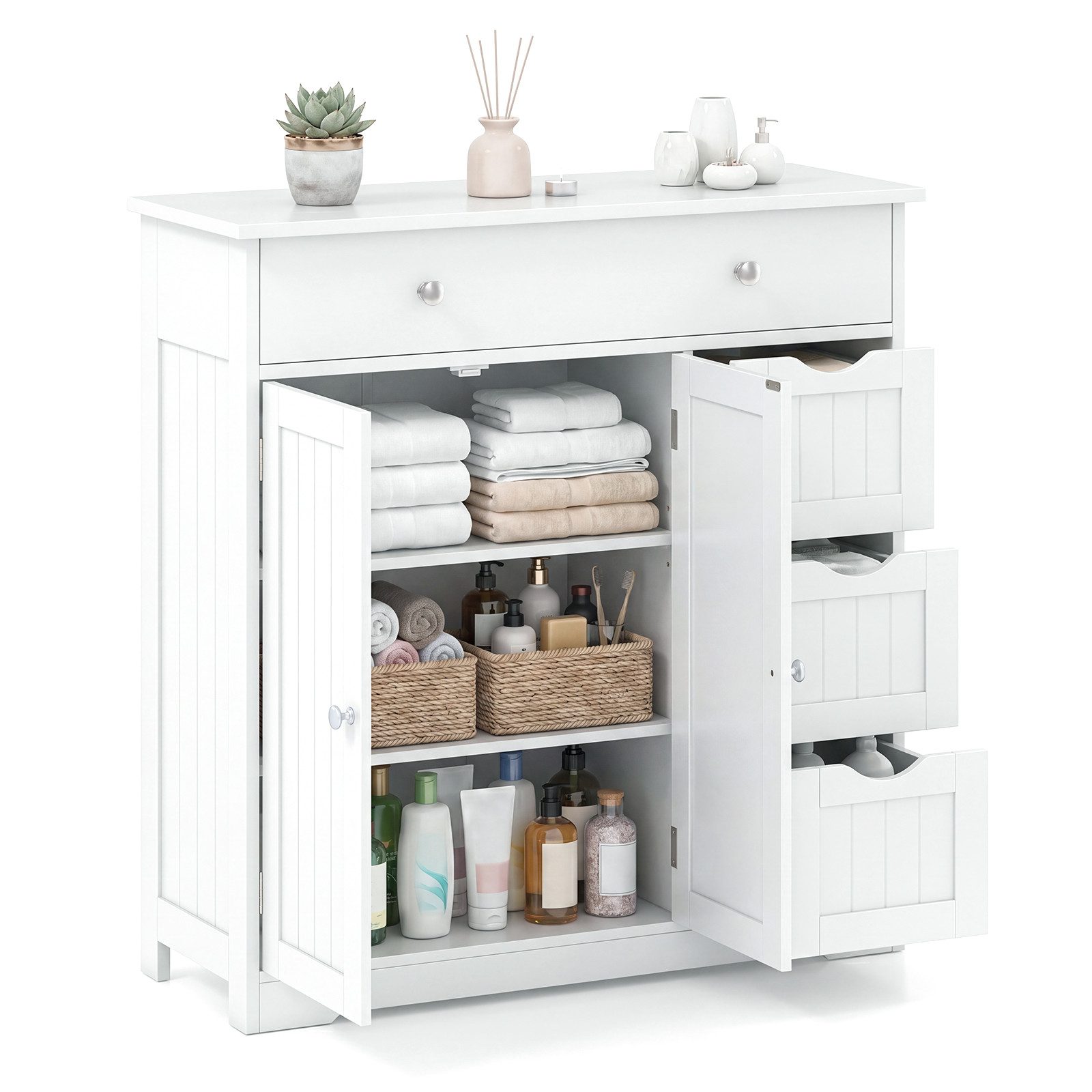 COSTWAY Badkommode Badkommode Badezimmerschrank Holz weiß, mit 4 Schubladen 80x30x82cm Einlegeboden höhenverstellbar