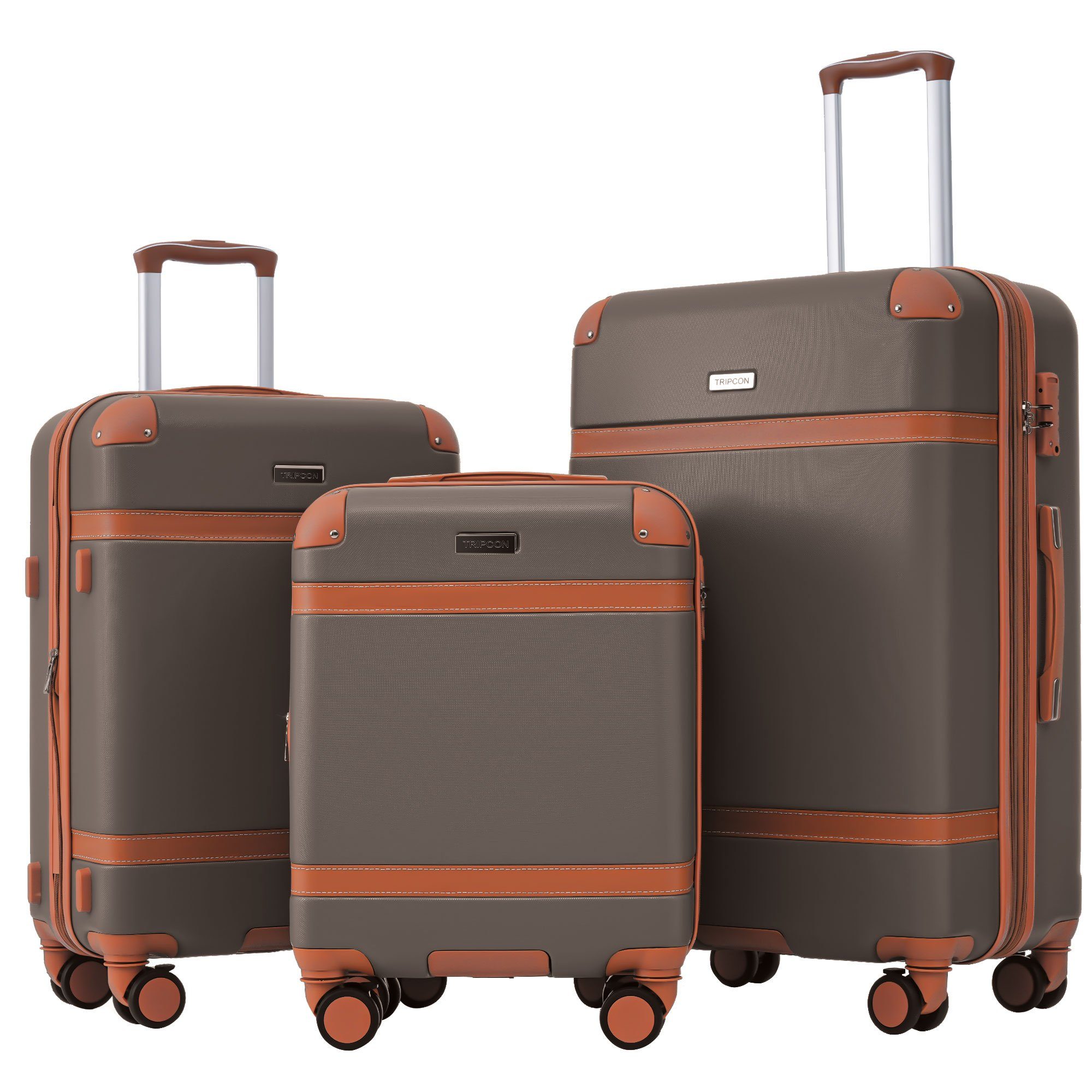 Ulife Trolleyset Kofferset Handgepäck Reisekoffer ABS-Material, TSA Zollschloss, 4 Rollen, (3 tlg) Braun