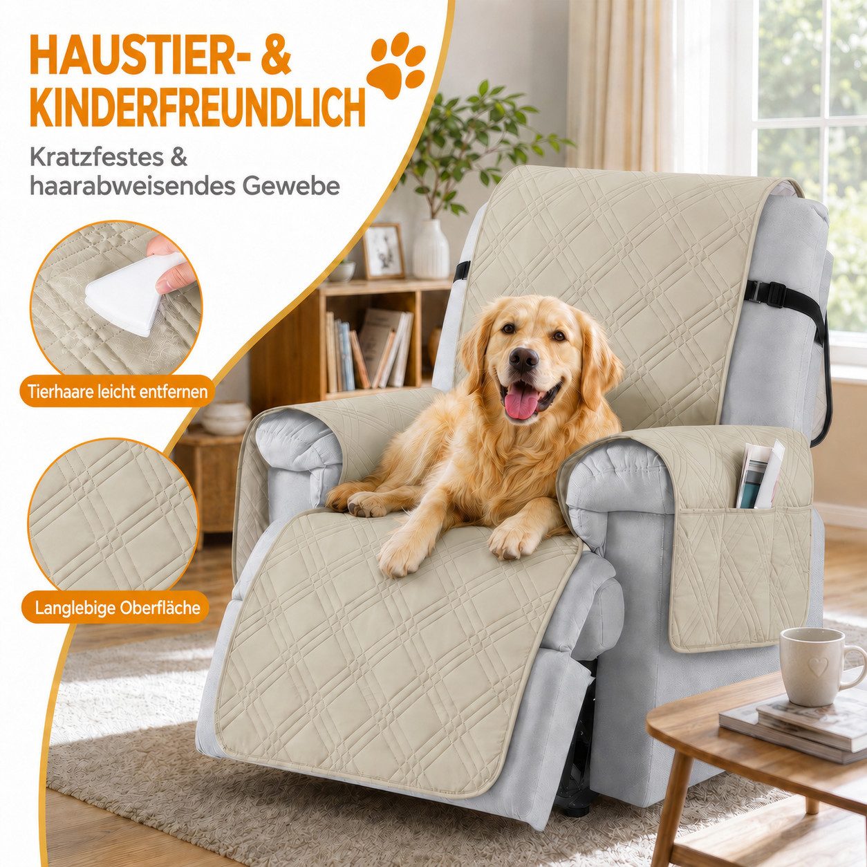 BlingBin Sesselschoner Sessel Überzug Rutschfest,Sesselbezug Fernsehsessel mit Taschen, 100% Wasserdicht, für Relaxsessel 1 Sitzer, Maschinenwaschbar – Bild 5 von 5