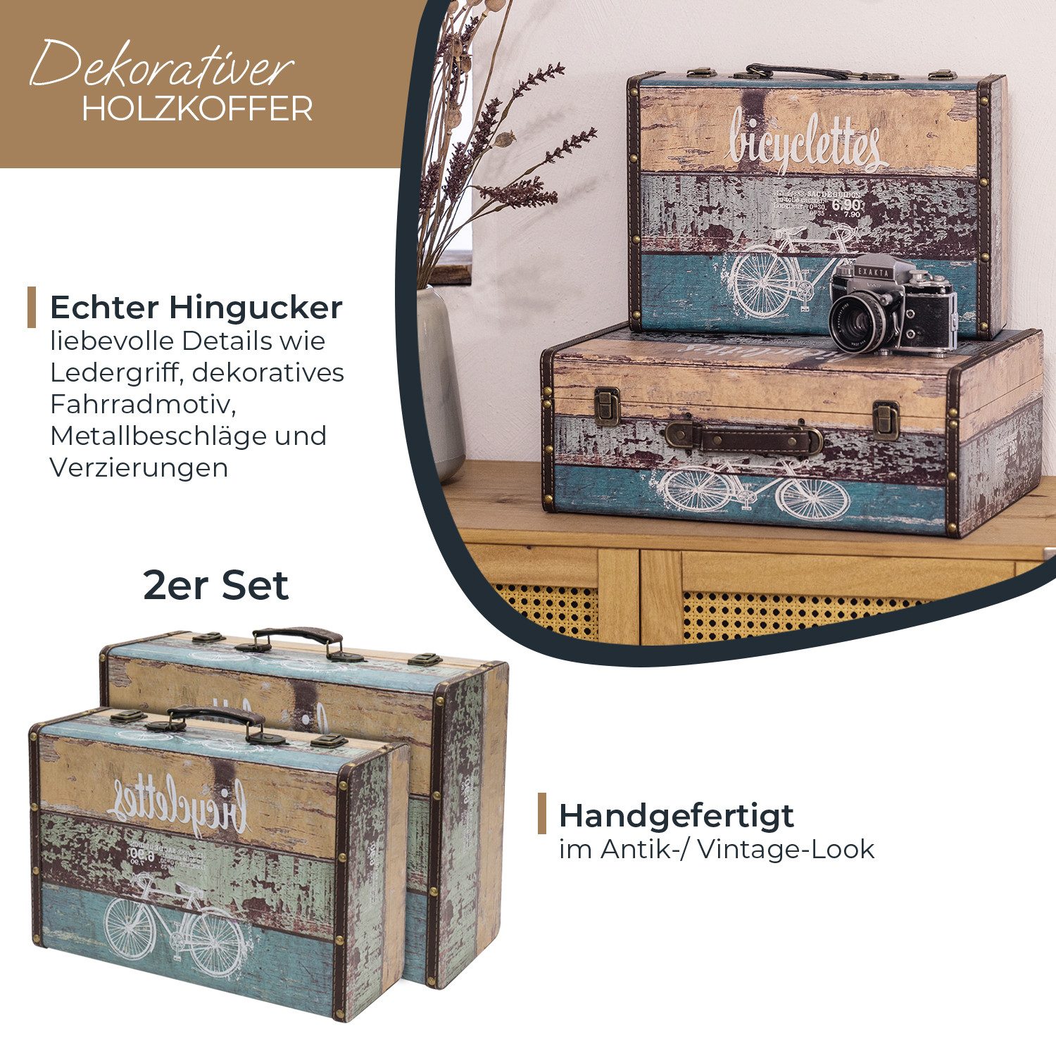 HMF Aufbewahrungsbox Handgefertigter Vintage Koffer aus Holz, Deko Koffer (versch. Größen), Geschenkkoffer im Fahrrad Design